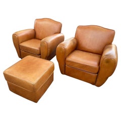 Very Comfortable Set of Large French Beige Leather Club Armchairs