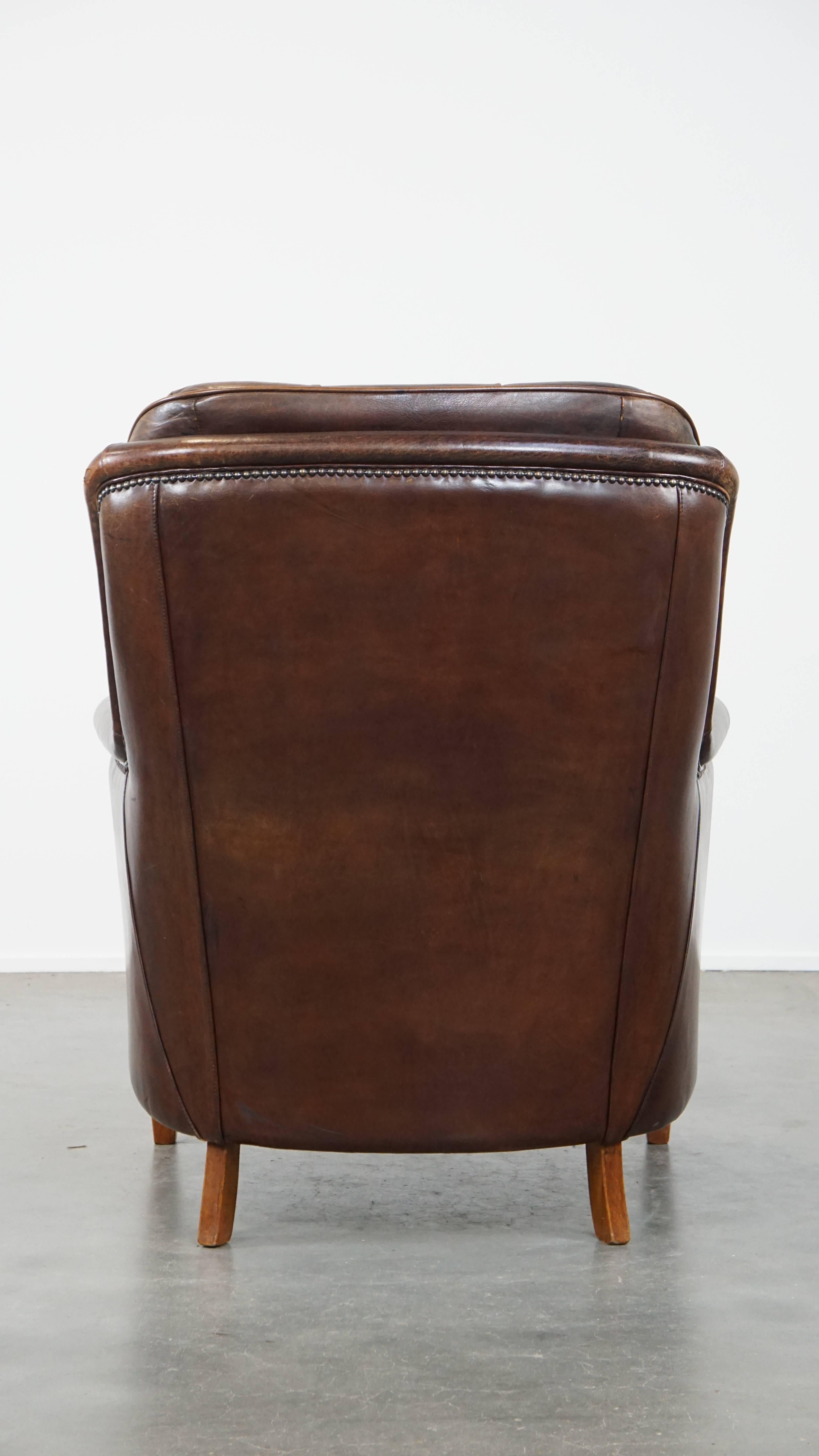 Hand-Crafted Very Comfortable Sheepskin Leather Armchair in a Beautiful Dark Warm Color For Sale