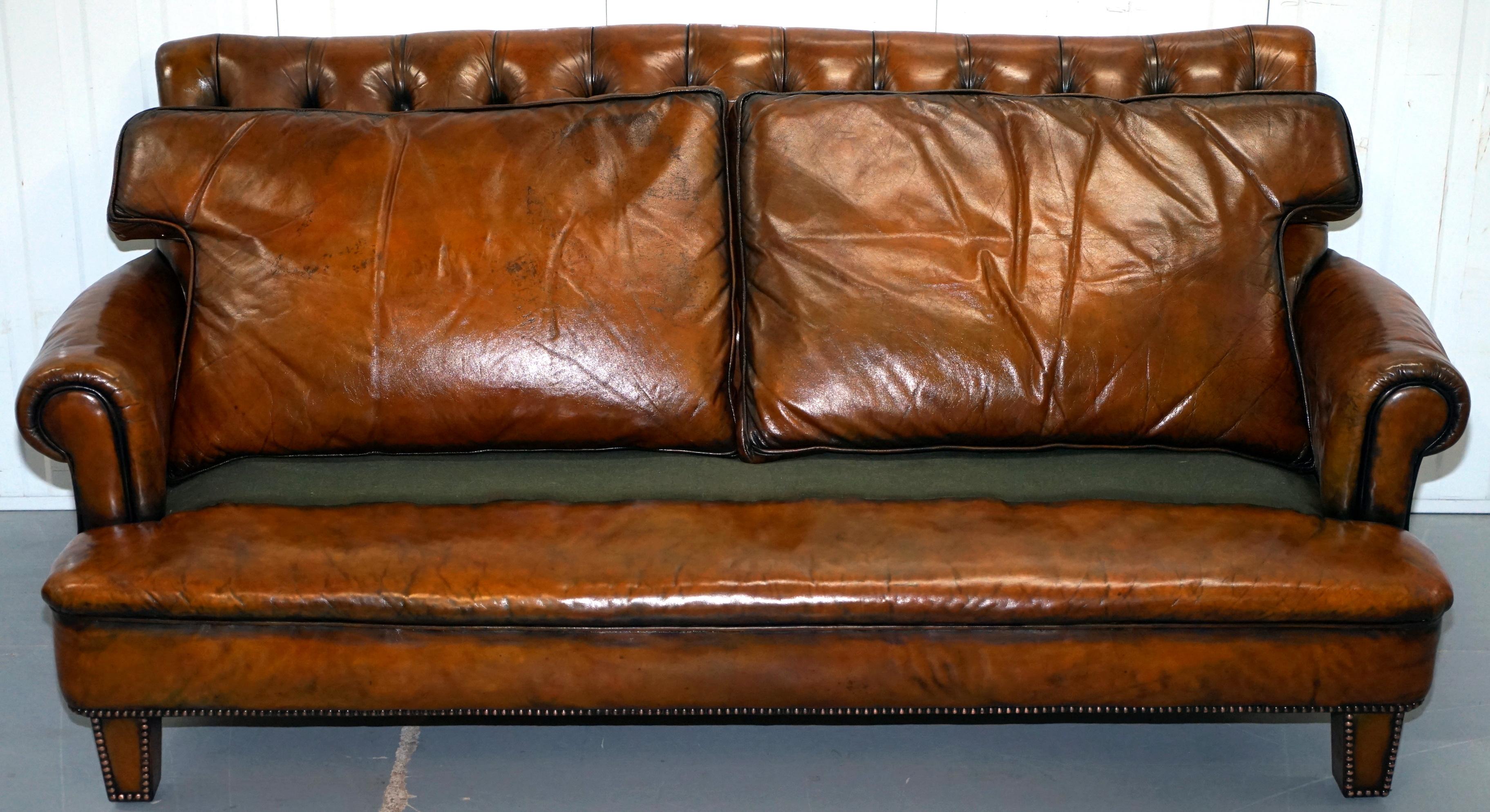 Very Comfortable Victorian Restored Howard & Son's Style Aged Brown Leather Sofa 5
