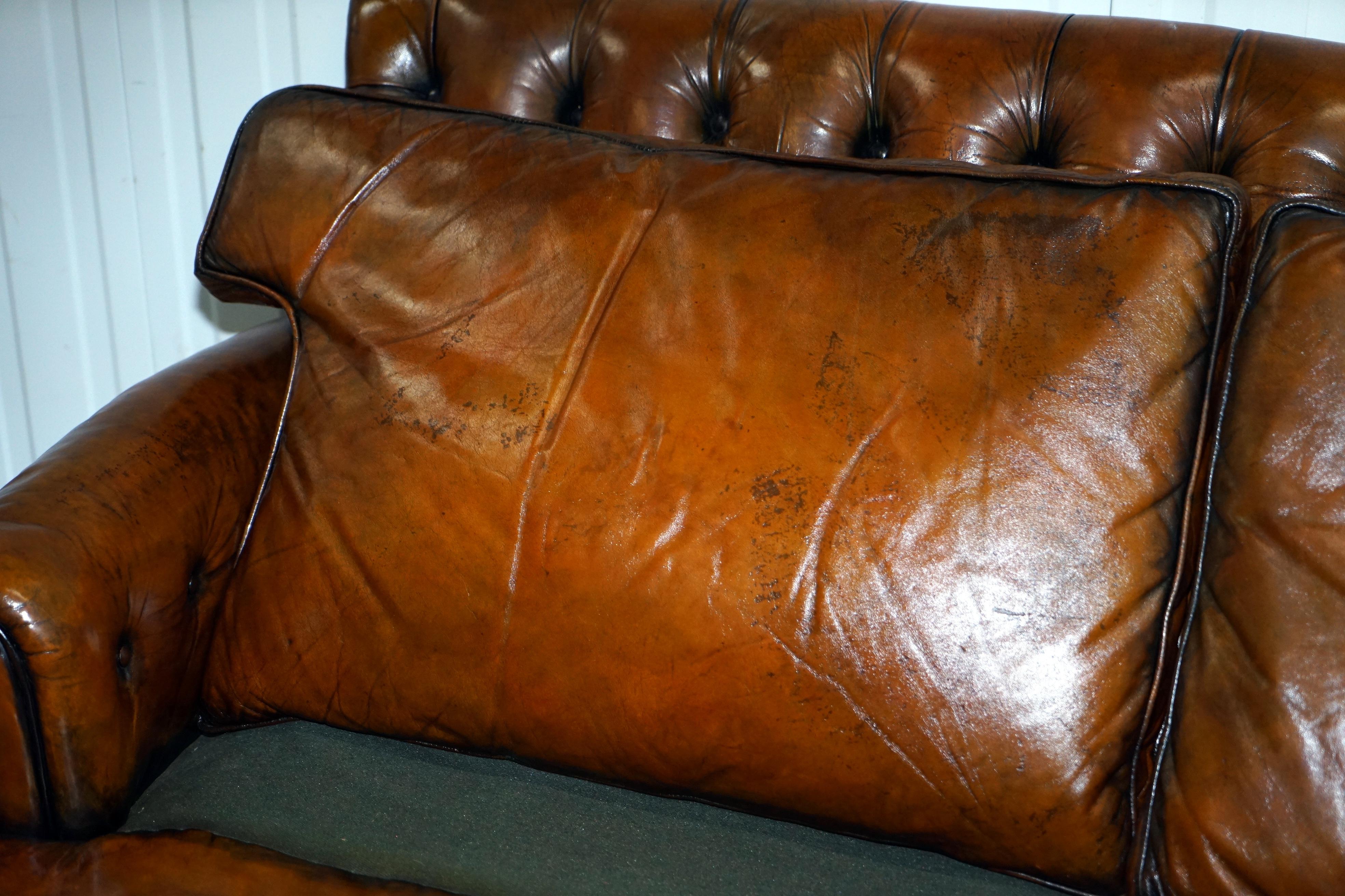 Very Comfortable Victorian Restored Howard & Son's Style Aged Brown Leather Sofa 7