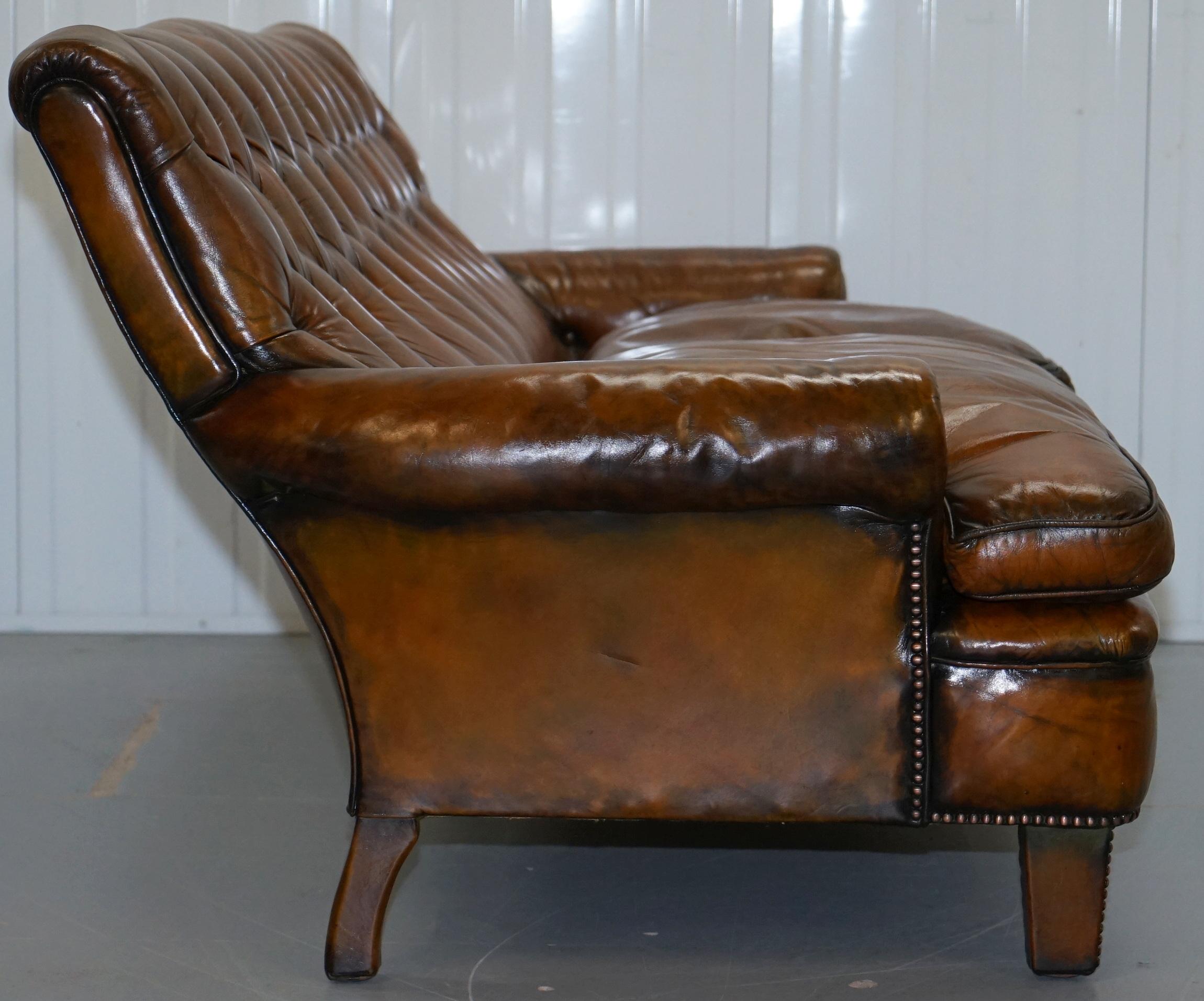 Very Comfortable Victorian Restored Howard & Son's Style Aged Brown Leather Sofa 8