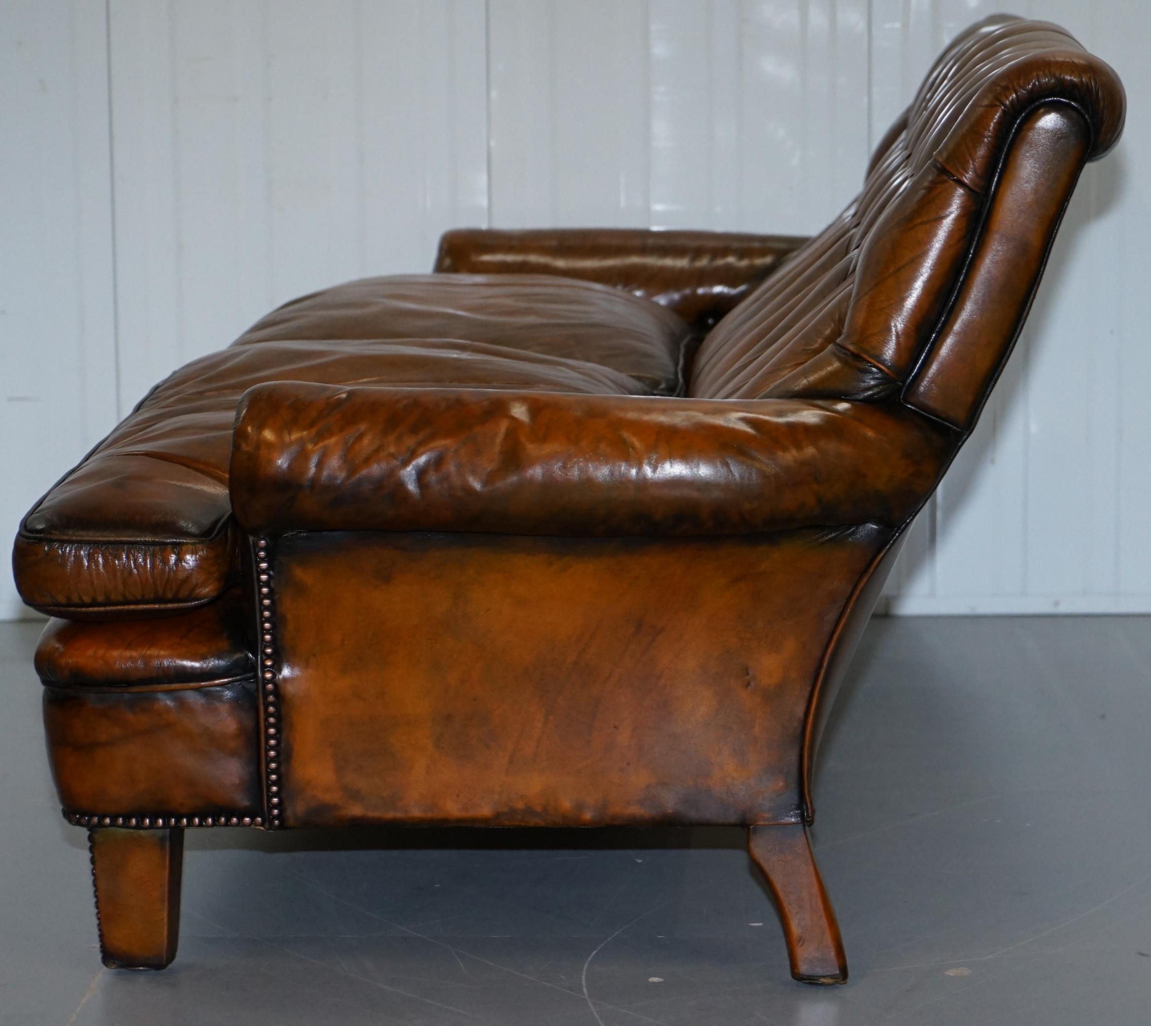 Very Comfortable Victorian Restored Howard & Son's Style Aged Brown Leather Sofa 11