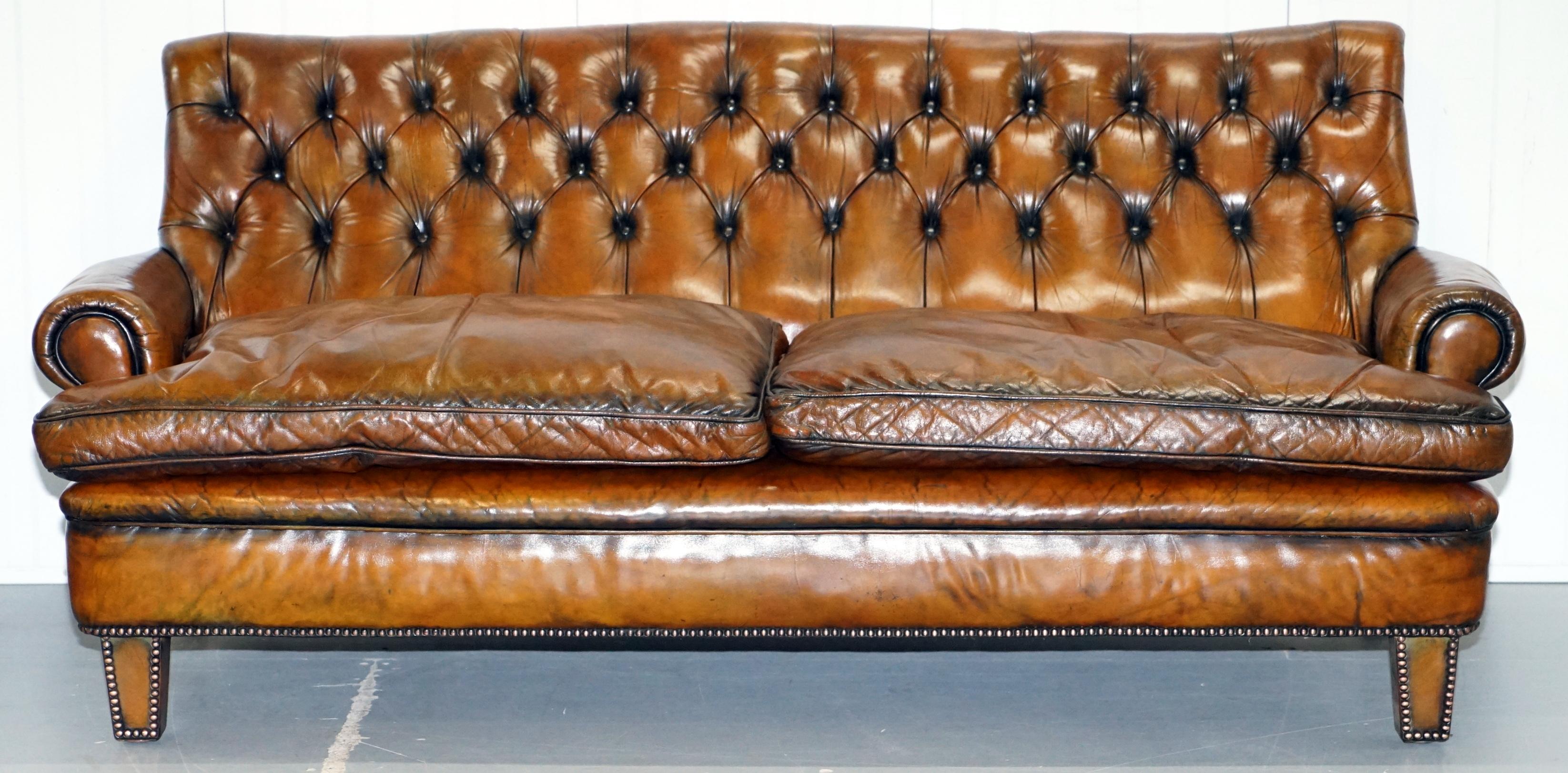 We are delighted to offer for sale this stunning very comfortable and rare fully restored cigar brown leather Howard & Son’s style Victorian sofa

One of the most comfortable sofas we’ve ever had comes through the warehouse, the seating angle is