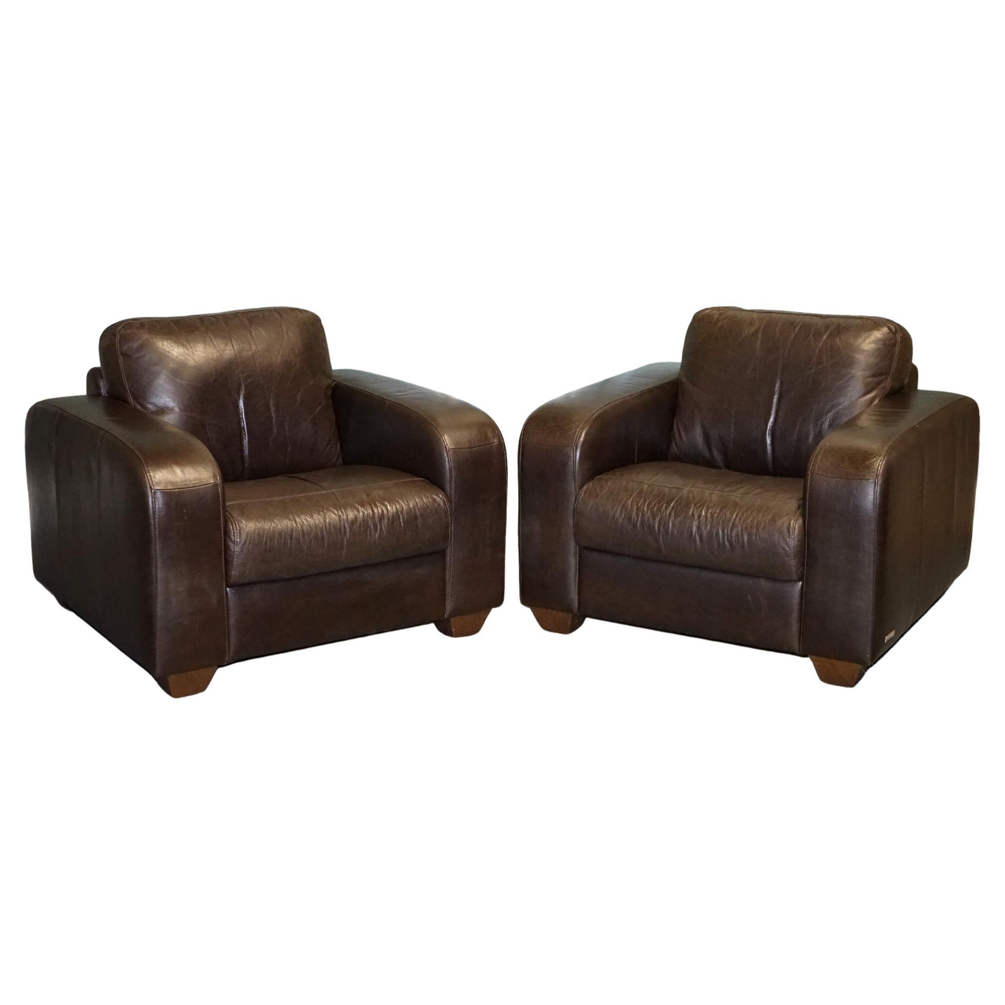 Very Comfortable Vintage Pair of Chocolate Brown Leather Armchairs by Sofitalia For Sale