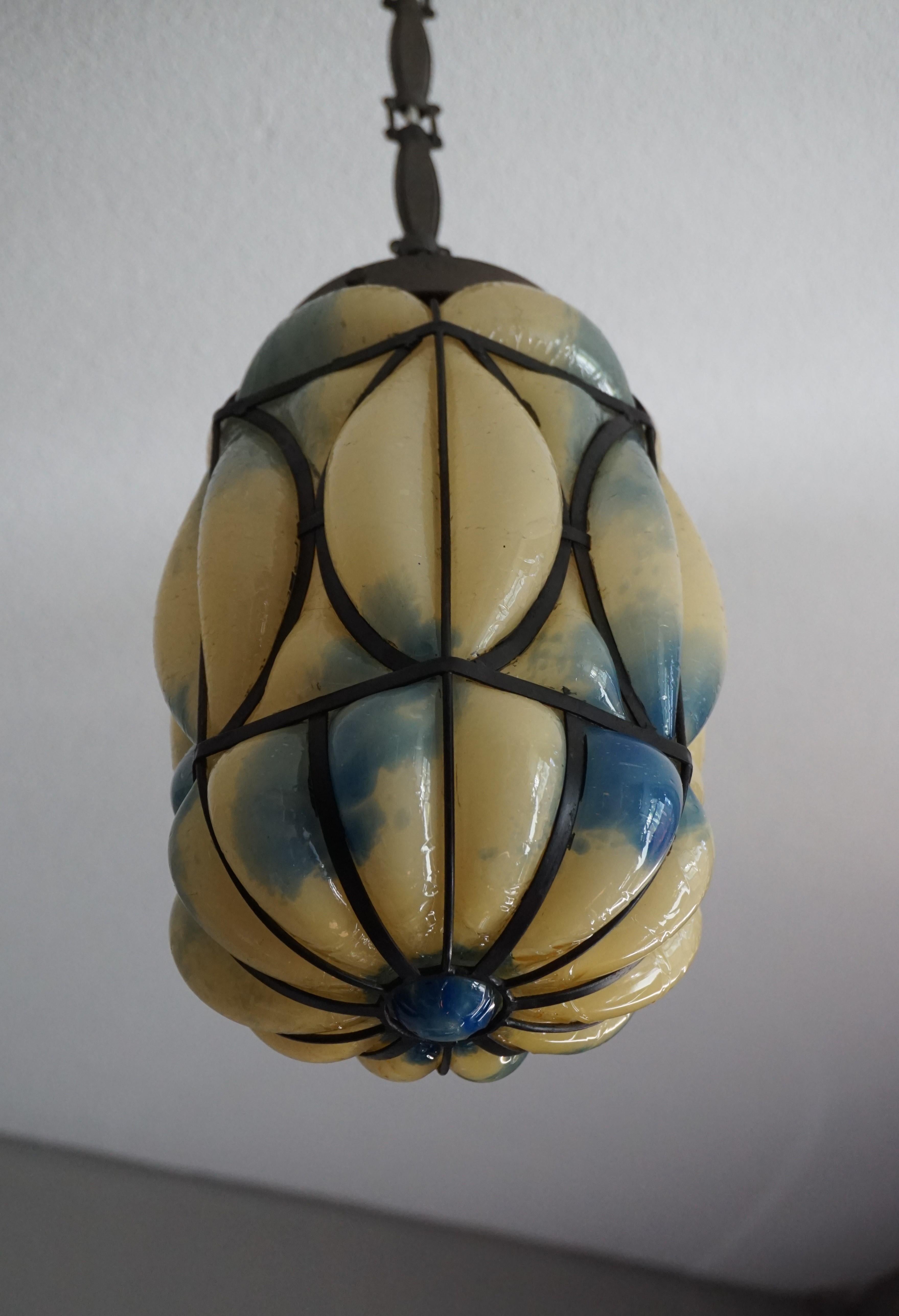 Art Deco Very Cool and Pretty, Mouth Blown Venetian Murano Glass in Metal Frame Pendant