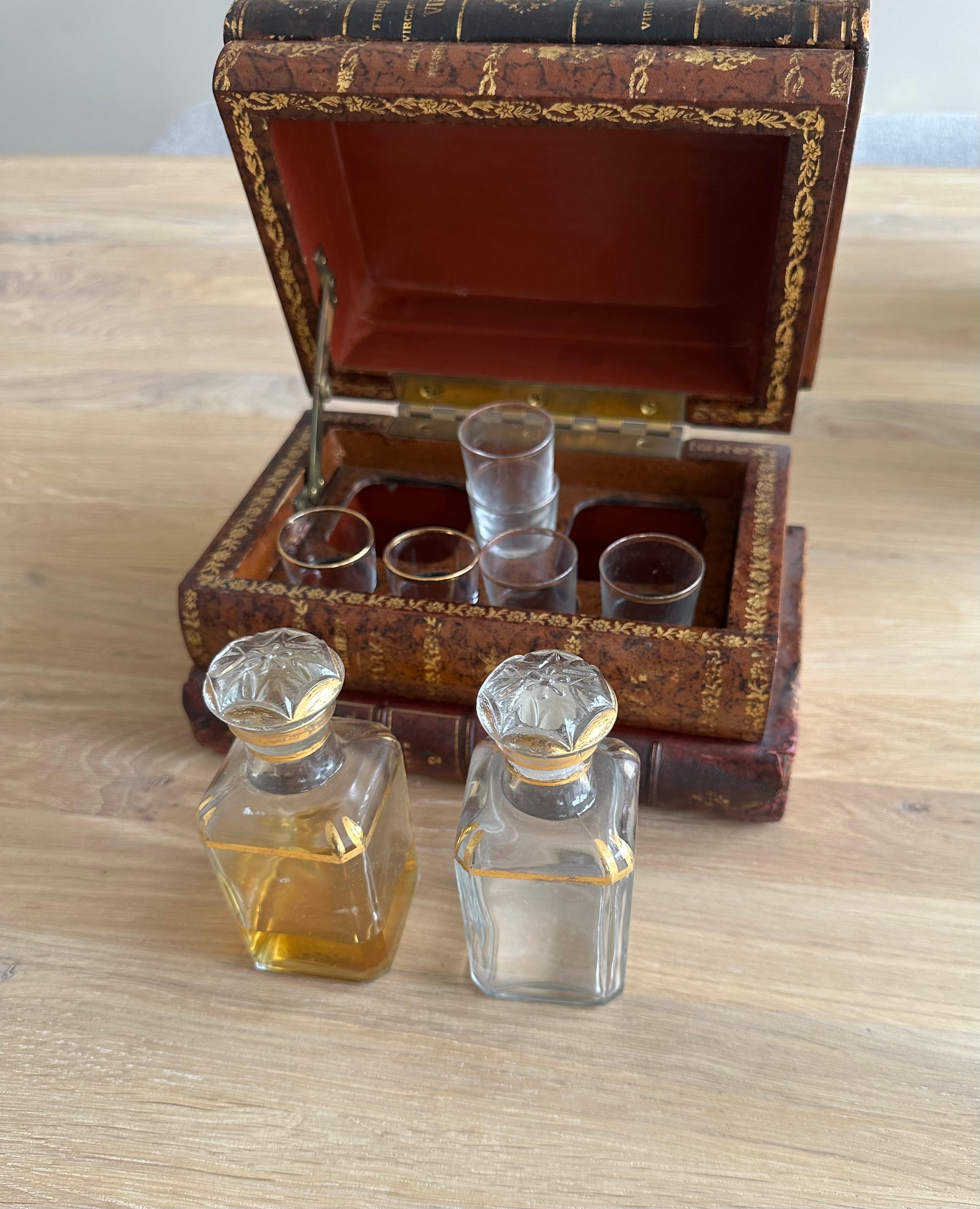 Muy chula pila francesa de libros de cuero de principios de 1900 Caja de licores / bebidas Tantalus en venta 4