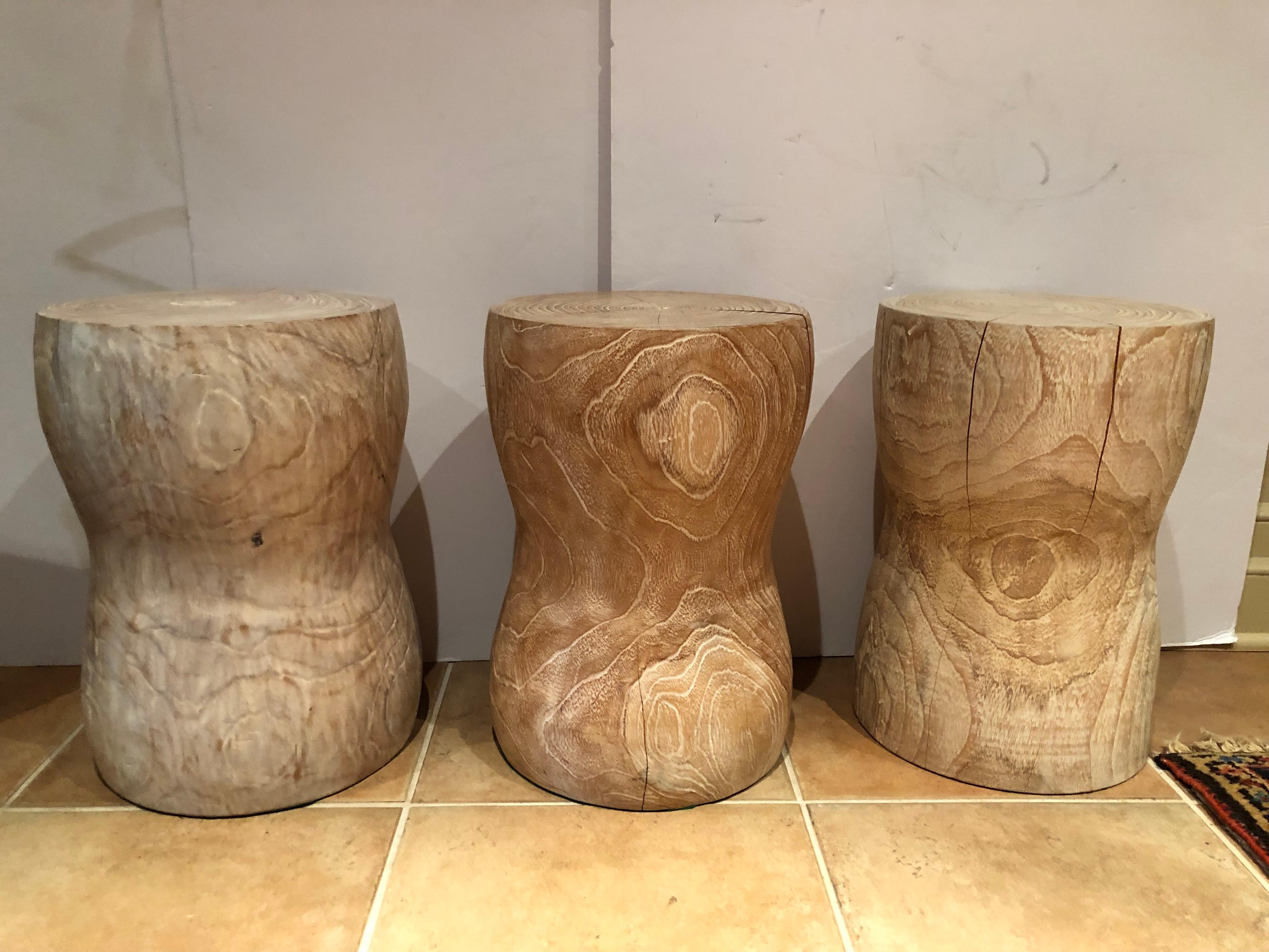 Very cool set of three corseted stools in limed cerused oak. Stools are made of solid oak with natural crevices in the wood which add character and do not compromise their sturdiness. These are one-of-a-kind and great to give a room an organic and