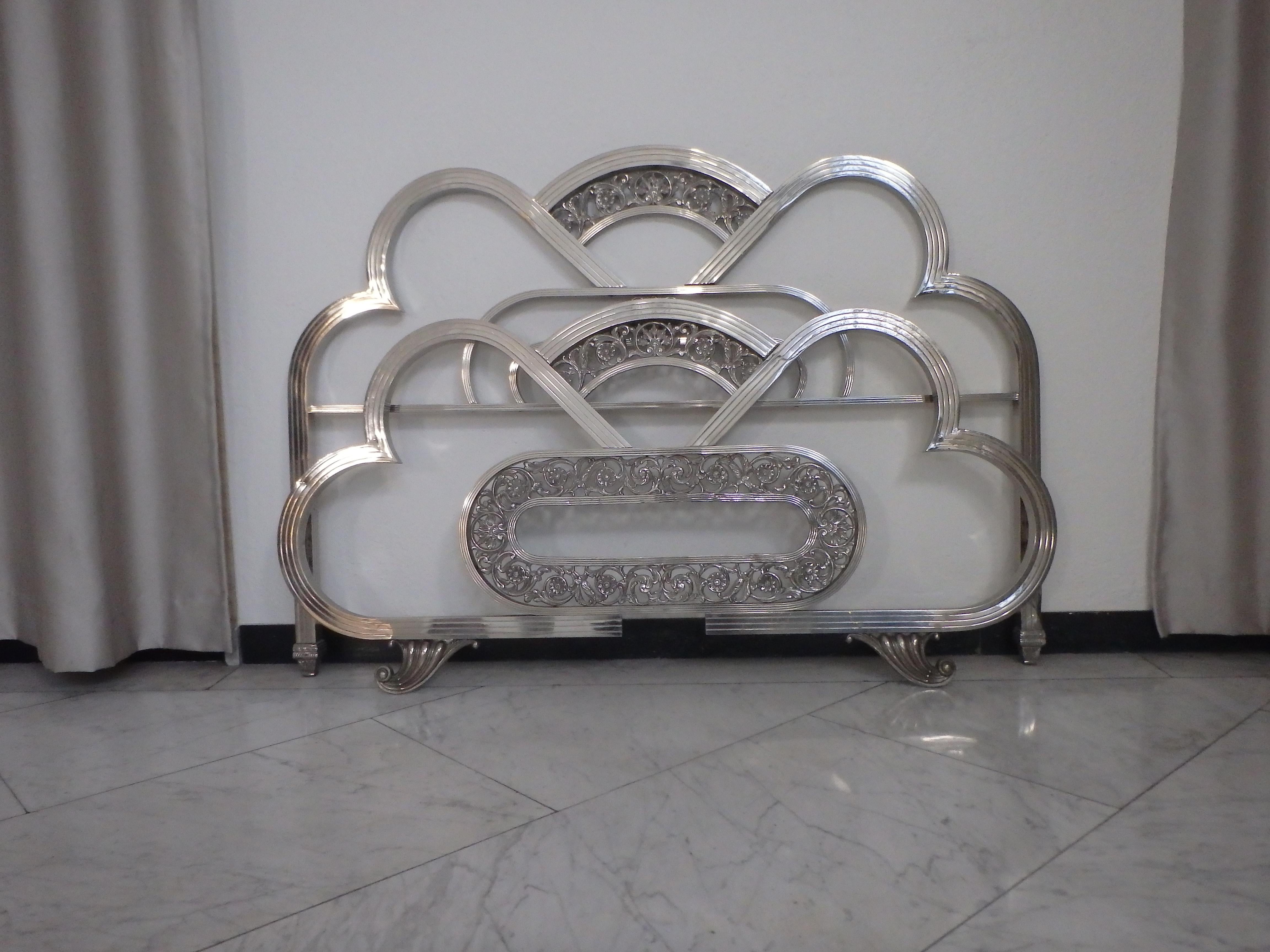 Mid-20th Century Very decorativ spanish Art Deco nickel bed head+ foot part with floral ornaments For Sale