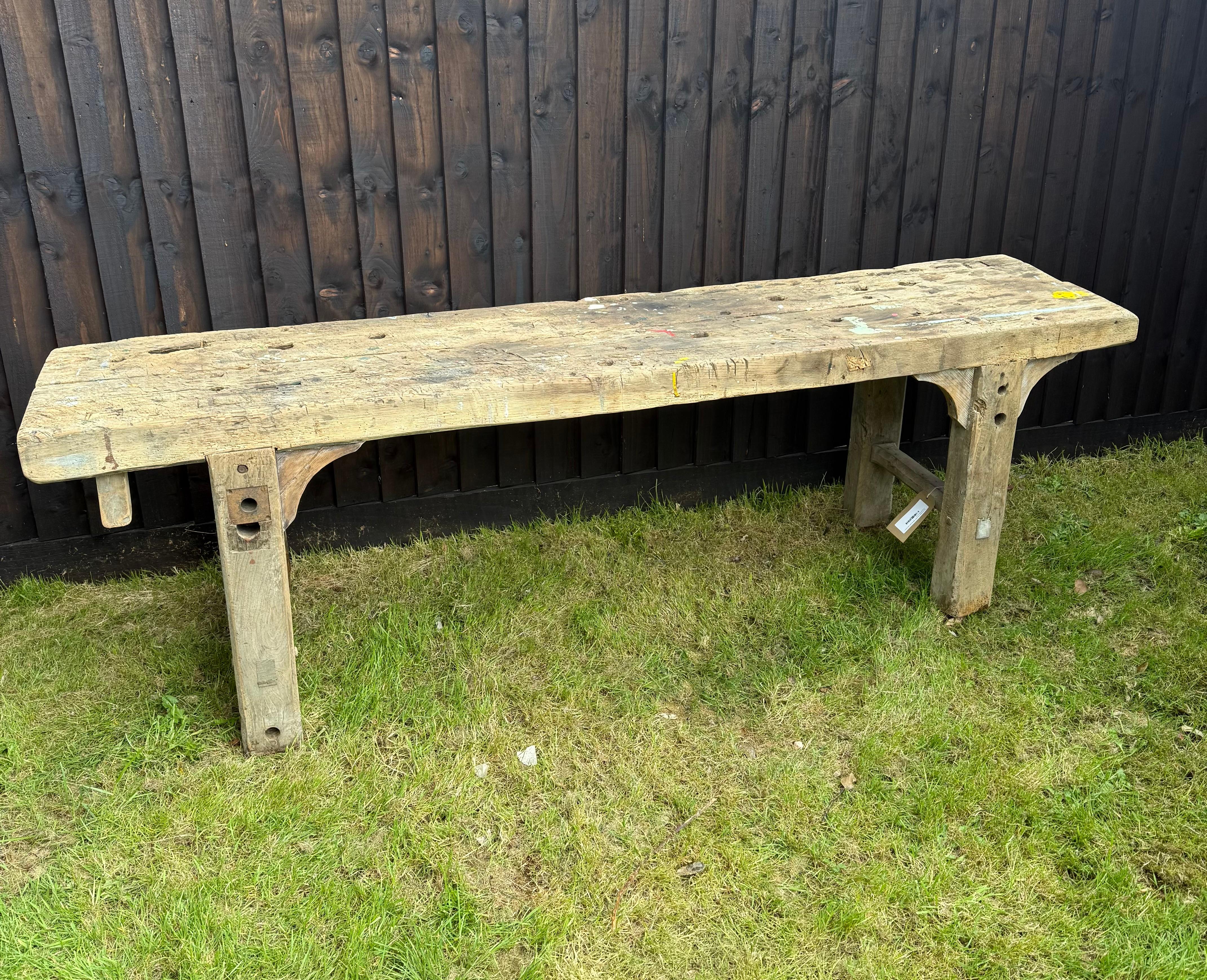 Very decorative 19th century washed and scrubbed oak rustic console table / work bench 

French circa 1880’s , lots of signs of wear / use which only adds to the charm and decorative look of the piece 

Height 74 cms 
Depth 52 cms 
Lenght 231 cms 