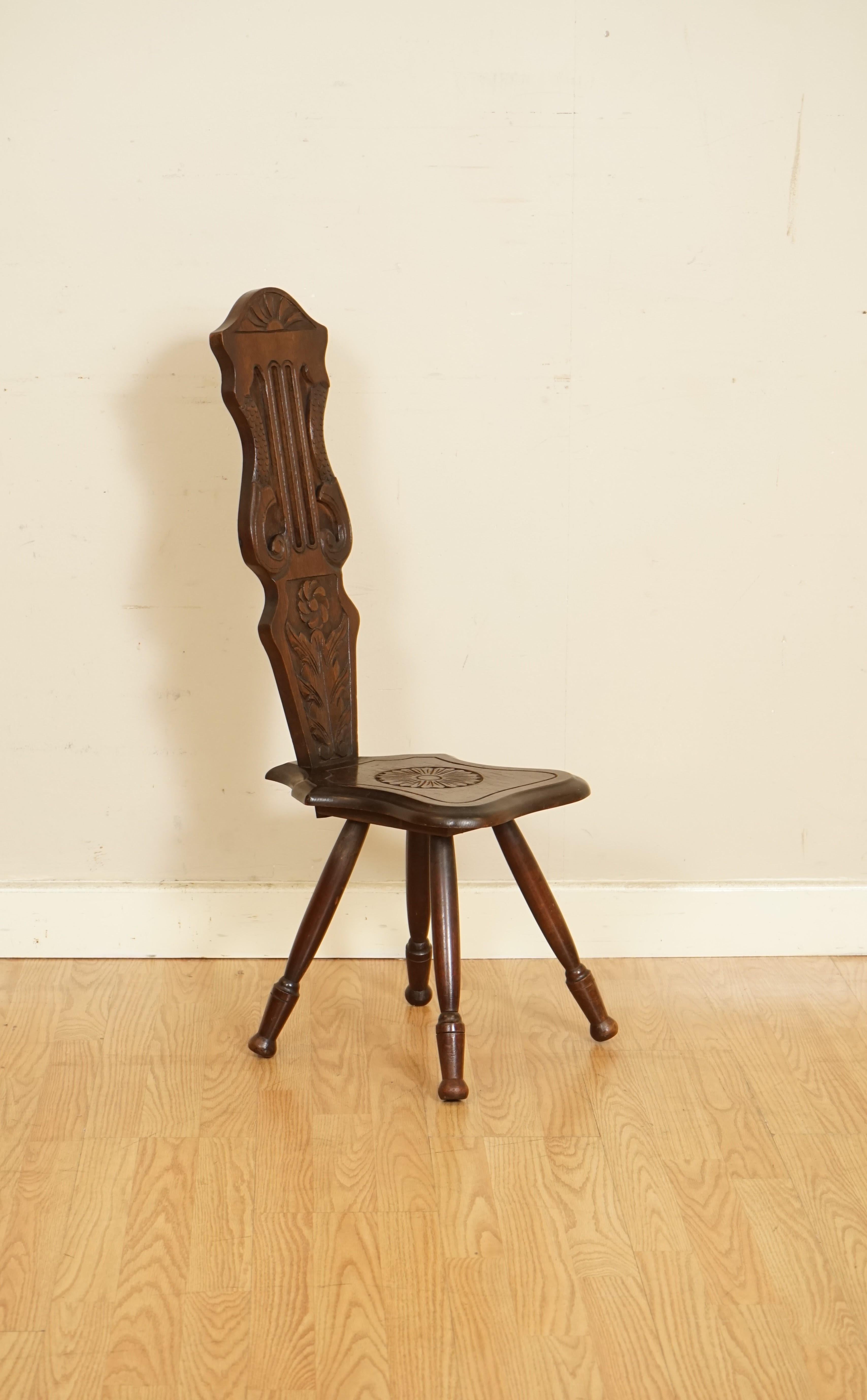 We are so excited to present to you this very decorative carved welsh spinning chair.

We have lightly restored this by giving it a hand clean all over, hand waxed and hand polish. 

Please carefully look at the pictures to see the condition