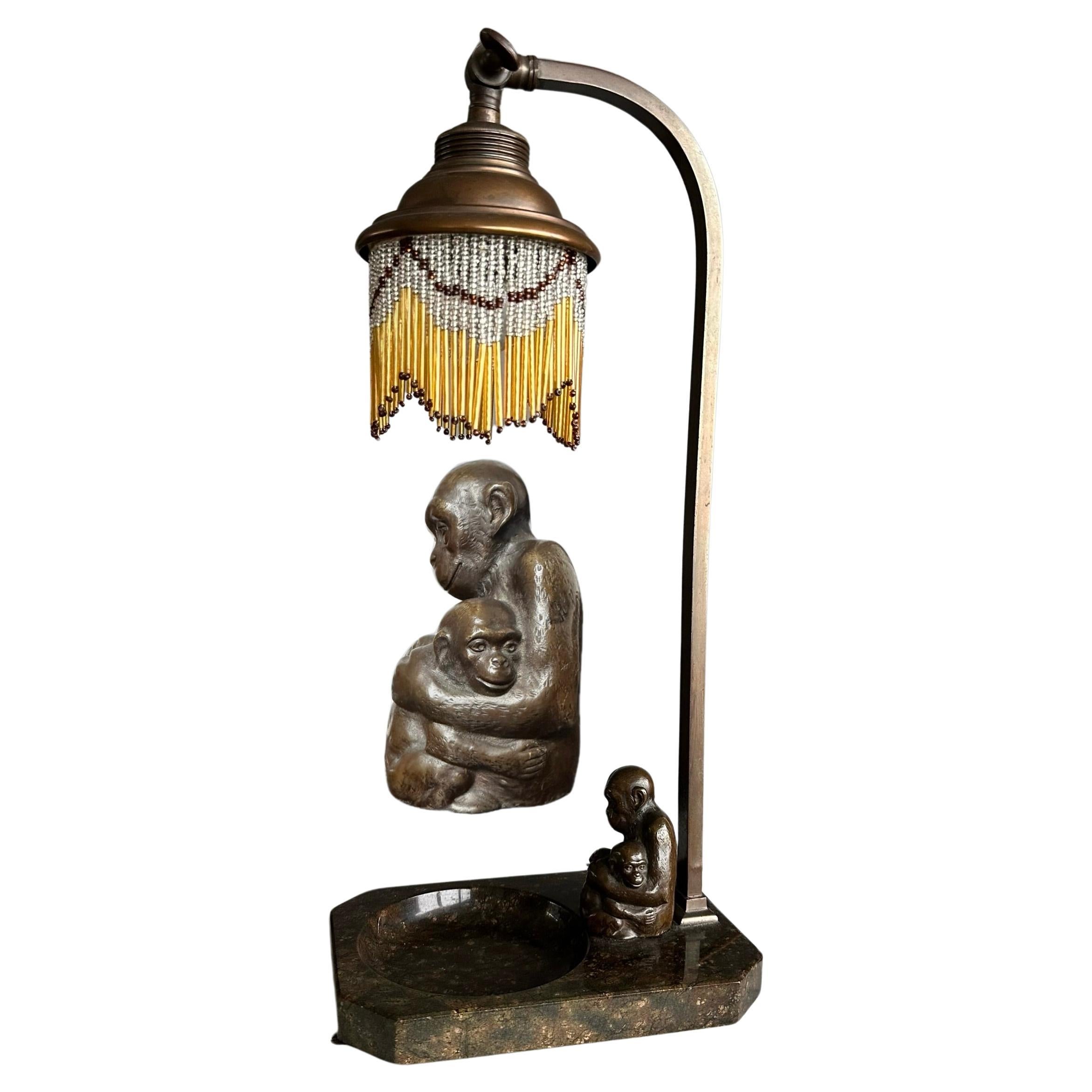 Very Decorative & Artistic Table Desk Lamp with Bronze Grooming Chimps Sculpture For Sale