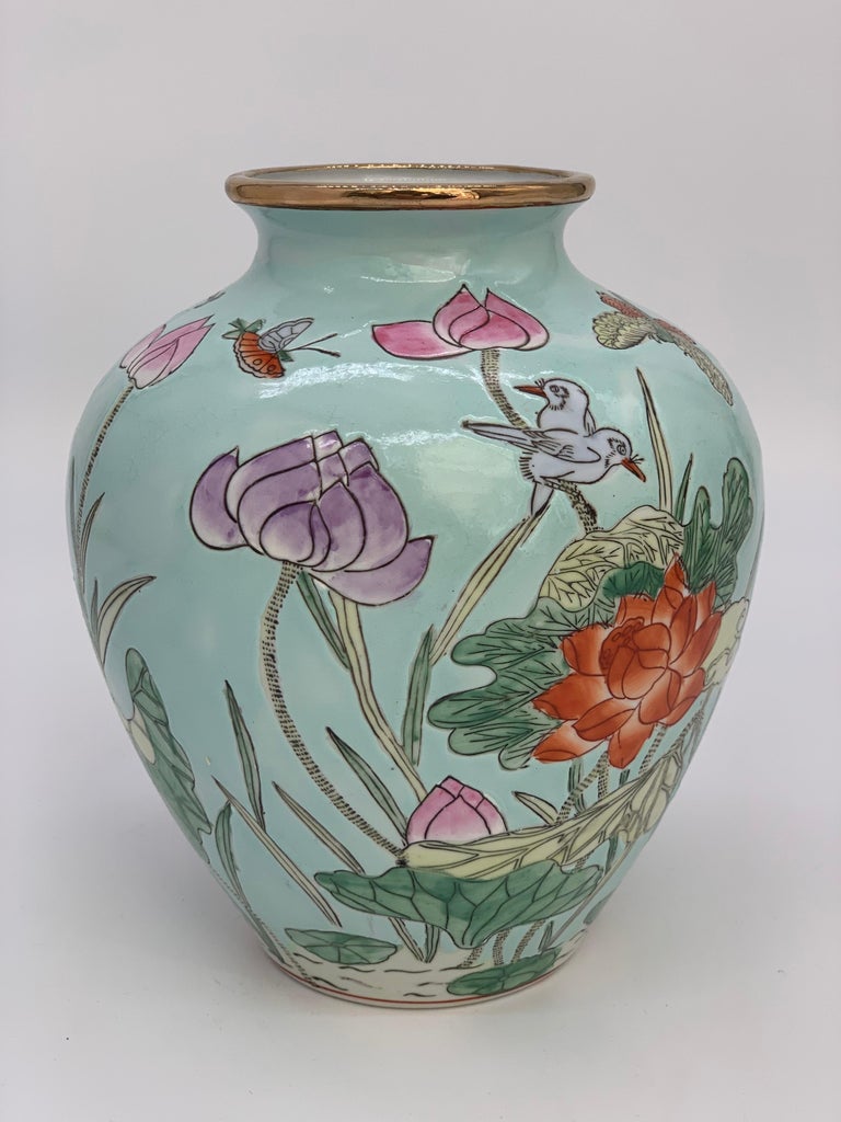 Chinese Export Very Decorative Blue Chinese Ceramic Vase Famille Rosé Floral 20th Century For Sale