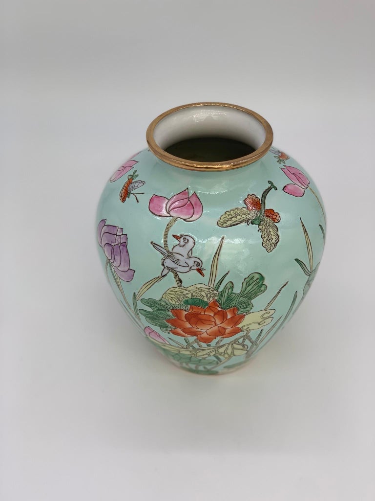 Very Decorative Blue Chinese Ceramic Vase Famille Rosé Floral 20th Century For Sale 2