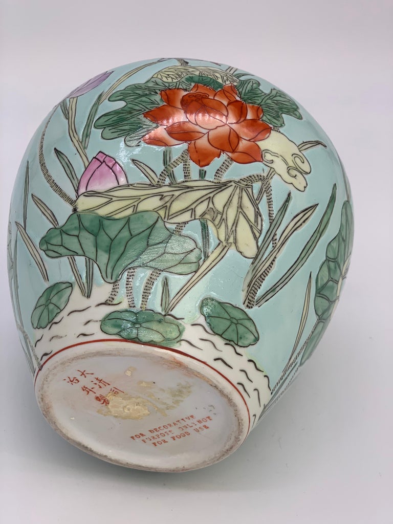 Very Decorative Blue Chinese Ceramic Vase Famille Rosé Floral 20th Century For Sale 3