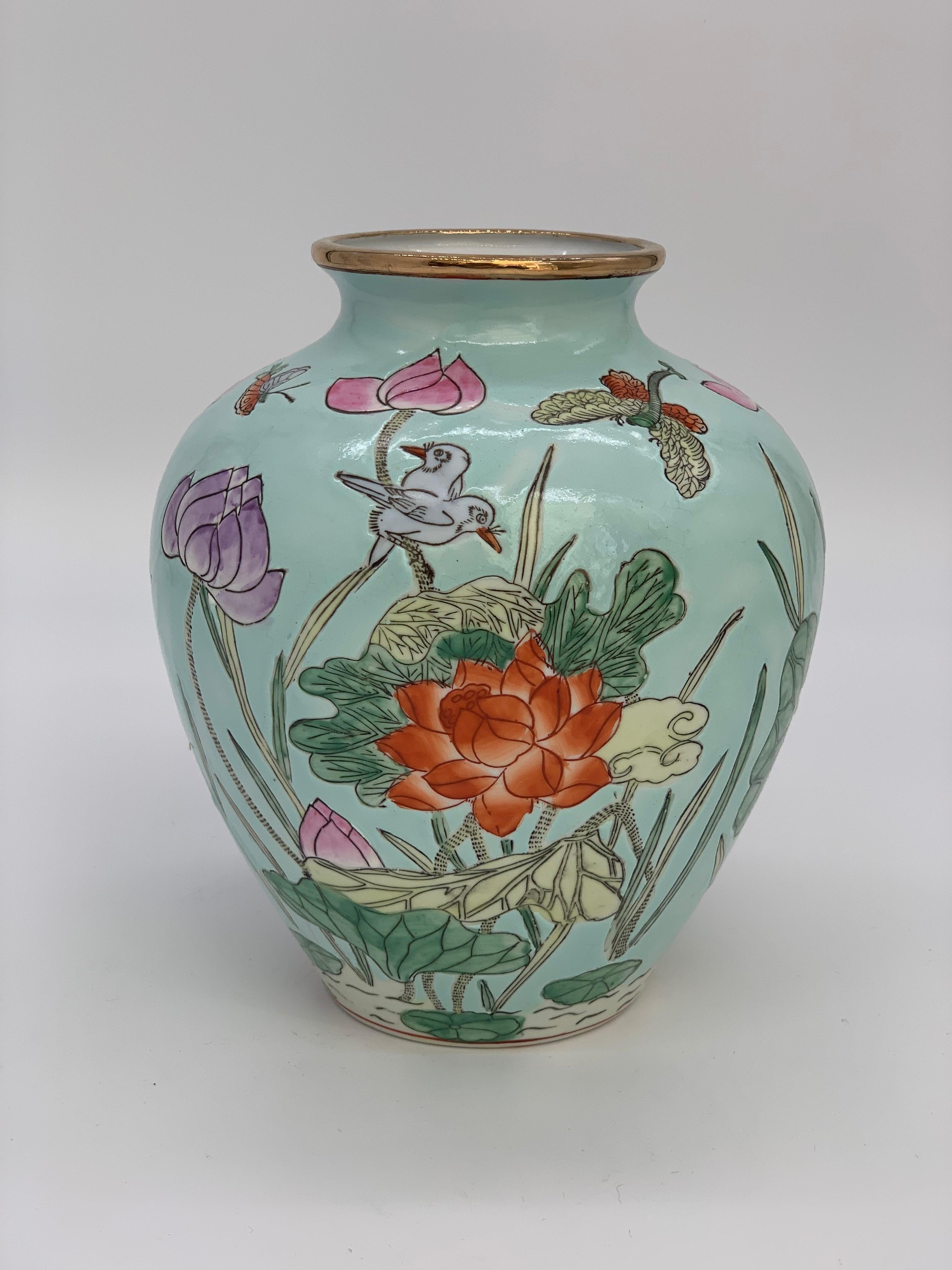 Very Decorative Blue Chinese Ceramic Vase Famille Rosé Floral 20th Century For Sale 3