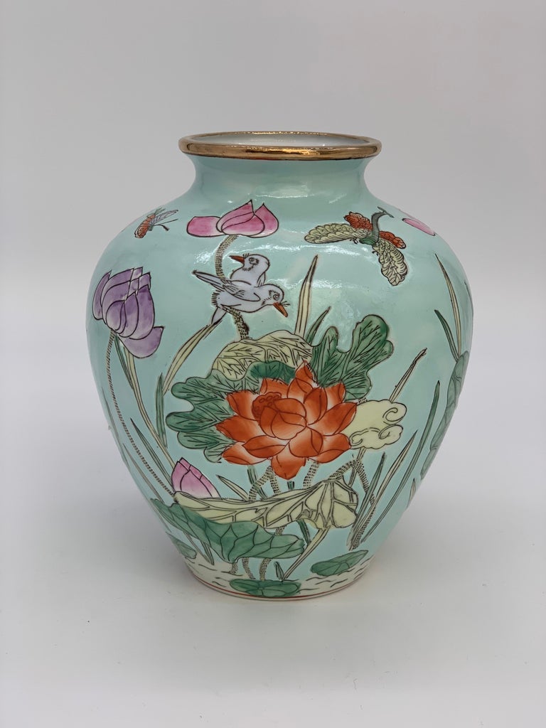 Very Decorative Blue Chinese Ceramic Vase Famille Rosé Floral 20th Century For Sale 6