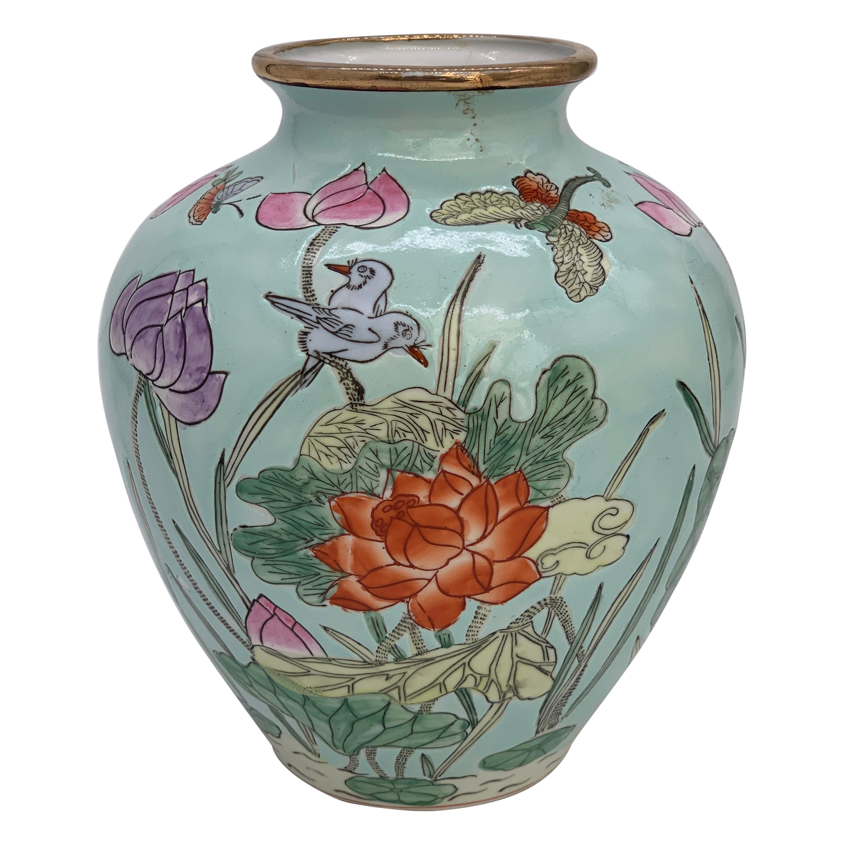 Very Decorative Blue Chinese Ceramic Vase Famille Rosé Floral 20th Century For Sale