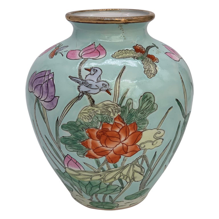 Very Decorative Blue Chinese Ceramic Vase Famille Rosé Floral 20th Century  For Sale at 1stDibs