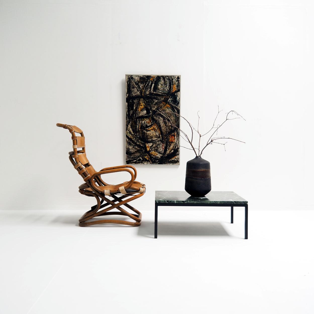 Mid-Century Modern 1960s Italian Easy Chair in Horse Leather and Bamboo