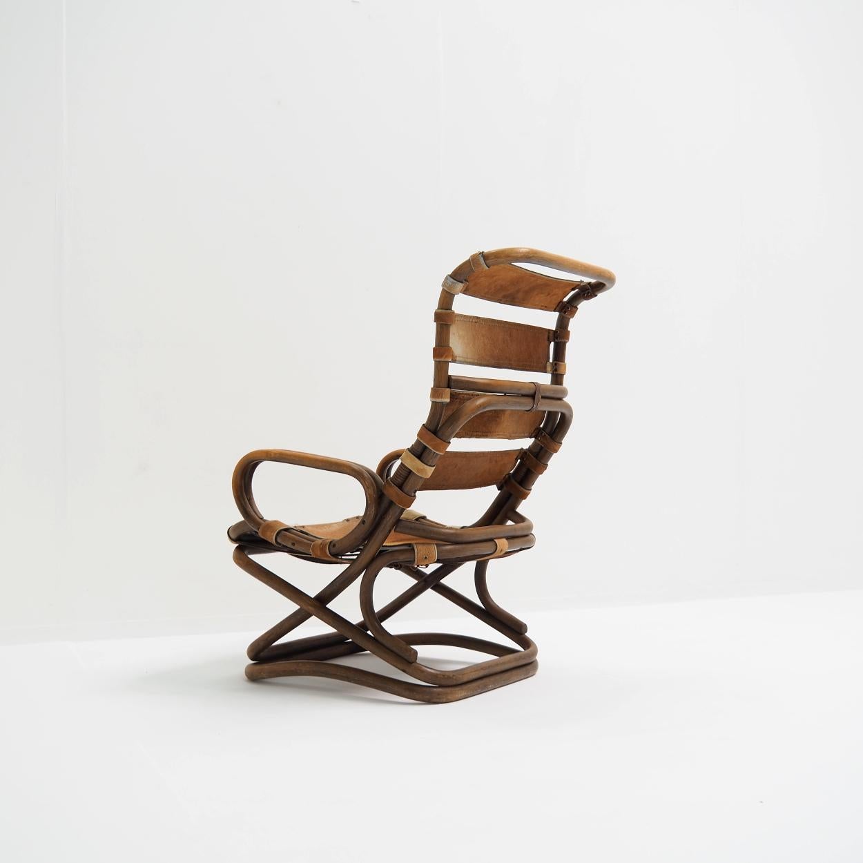 1960s Italian Easy Chair in Horse Leather and Bamboo In Good Condition In Beerse, VAN