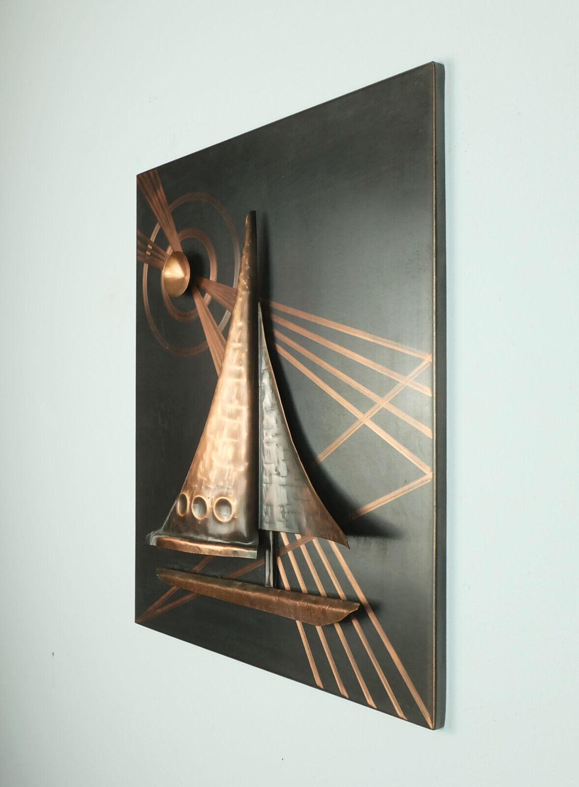very decorative mid century COPPER PICTURE relief picture sailboat sun vintage d In Good Condition For Sale In Mannheim, DE