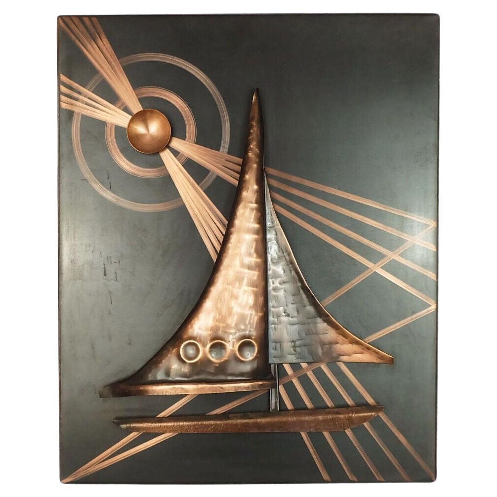 très décoratif mid century COPPER PICTURE relief picture sailboat sun vintage d en vente