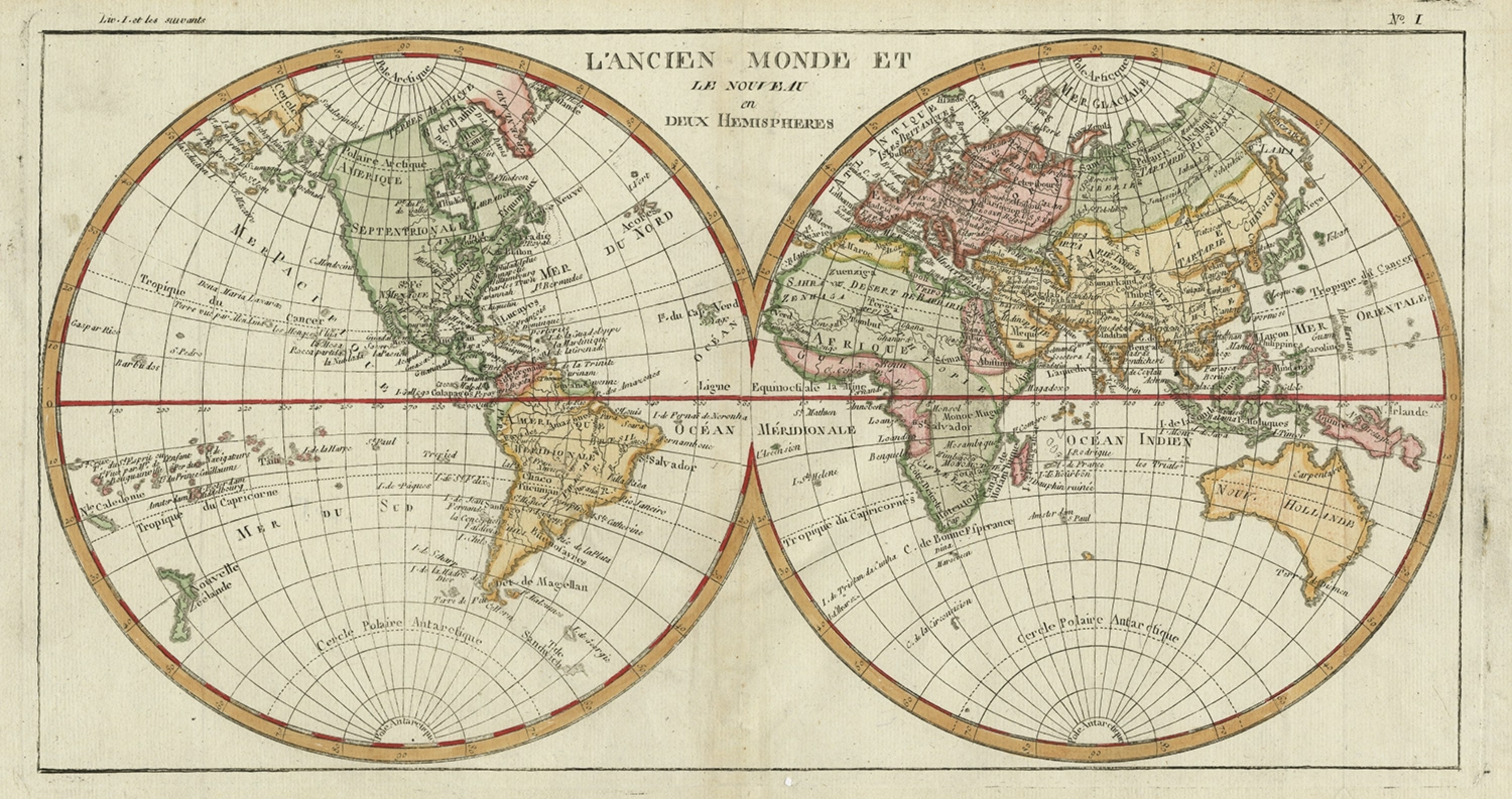Antique map titled 'L'Ancien Monde Et Le Nouveau en Deux Hemispheres' - Double hemisphere map of the World, showing the contemporary geographical misconceptions of the late 18th Century. The Norhwest Coast of America no longer shows the Bay of the