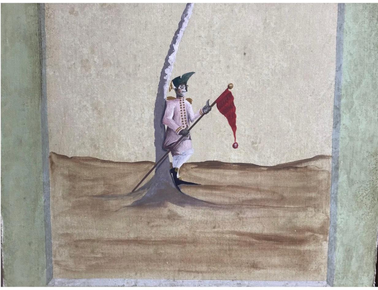 Very much a Palm Beach look! Pair of decorative paintings on canvas with each having a monkey dressed in a military outfit leaning against a palm tree. All within a decorative cartouche painted along the border. Will and a whimsical look to any