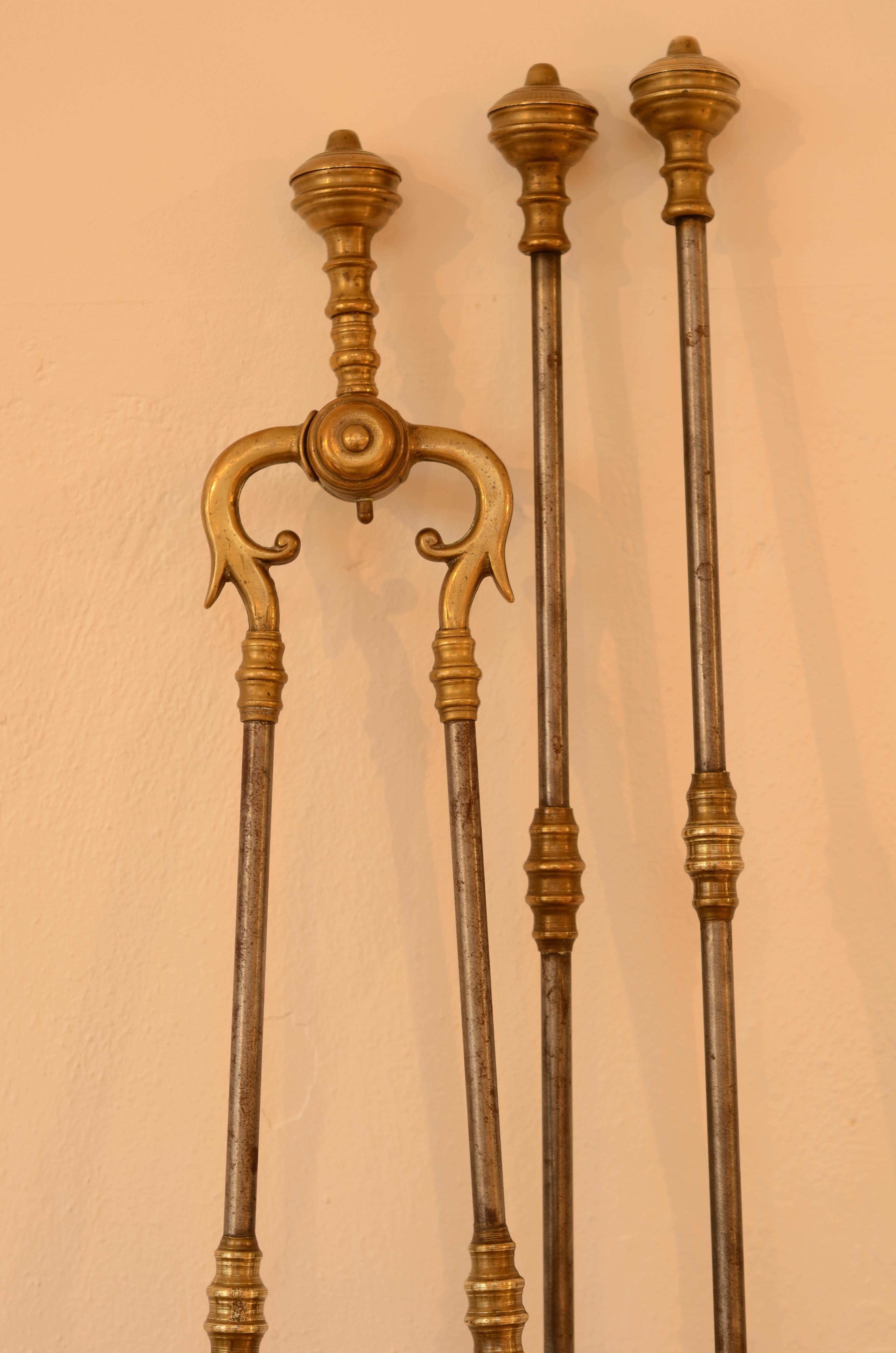 19th Century Very Decorative Set of Fire Tools, Shovel Poke and Tongs For Sale