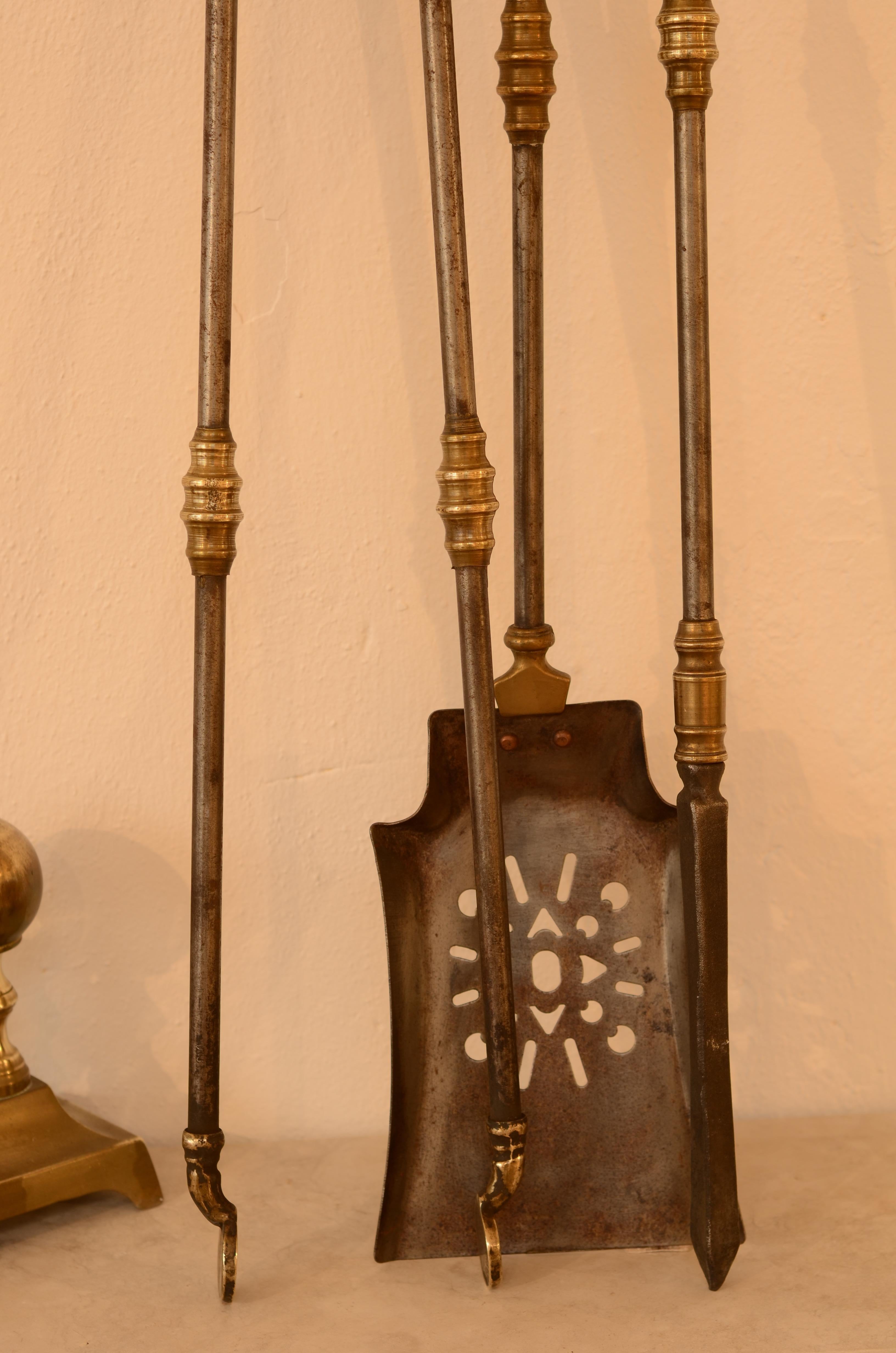 Brass Very Decorative Set of Fire Tools, Shovel Poke and Tongs For Sale