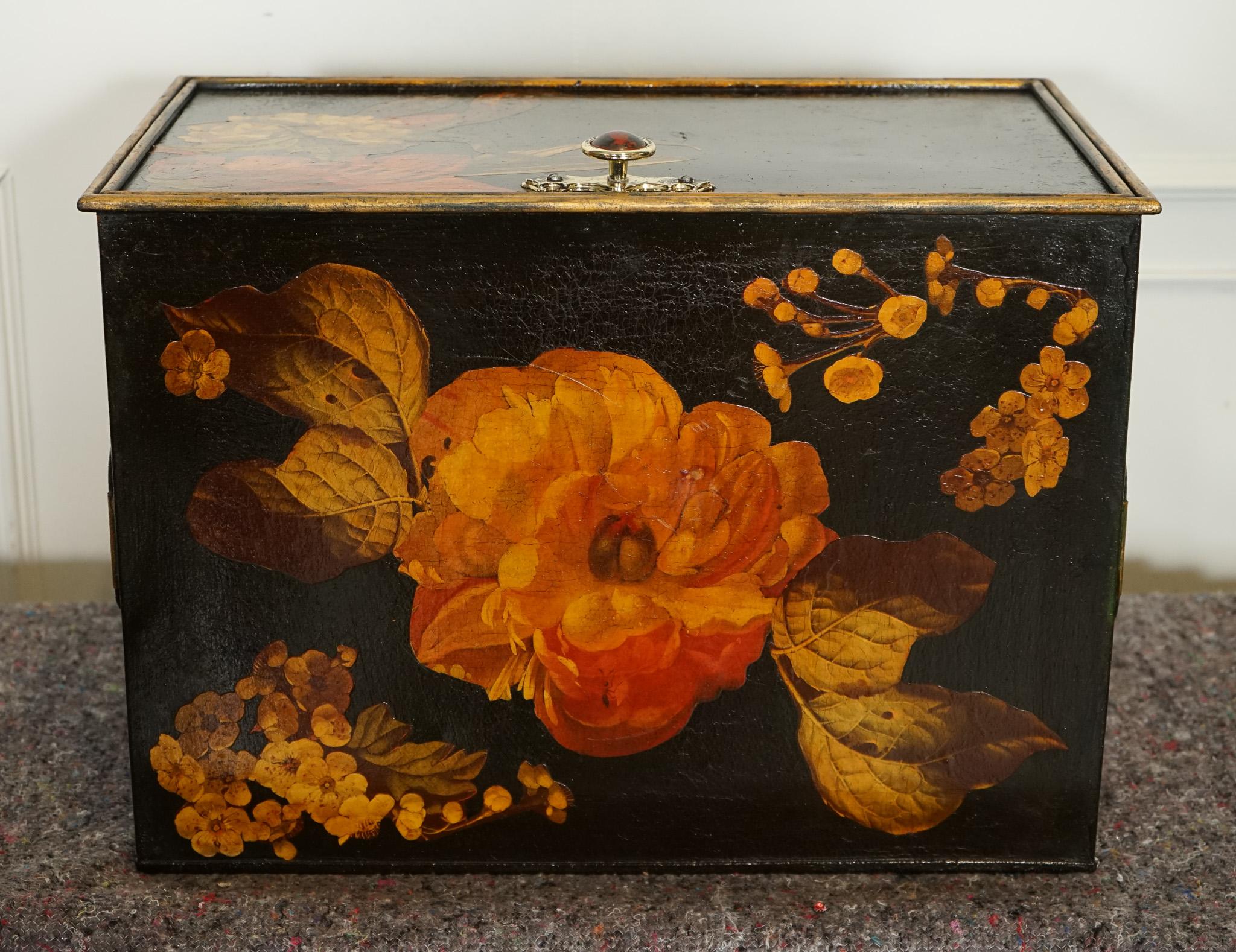 SCATOLA DI CONSERVAZIONE MOLTO DECORATIVA SHAW & SONS IN METALLO FLORALE DIPINTO A MANO in vendita 5