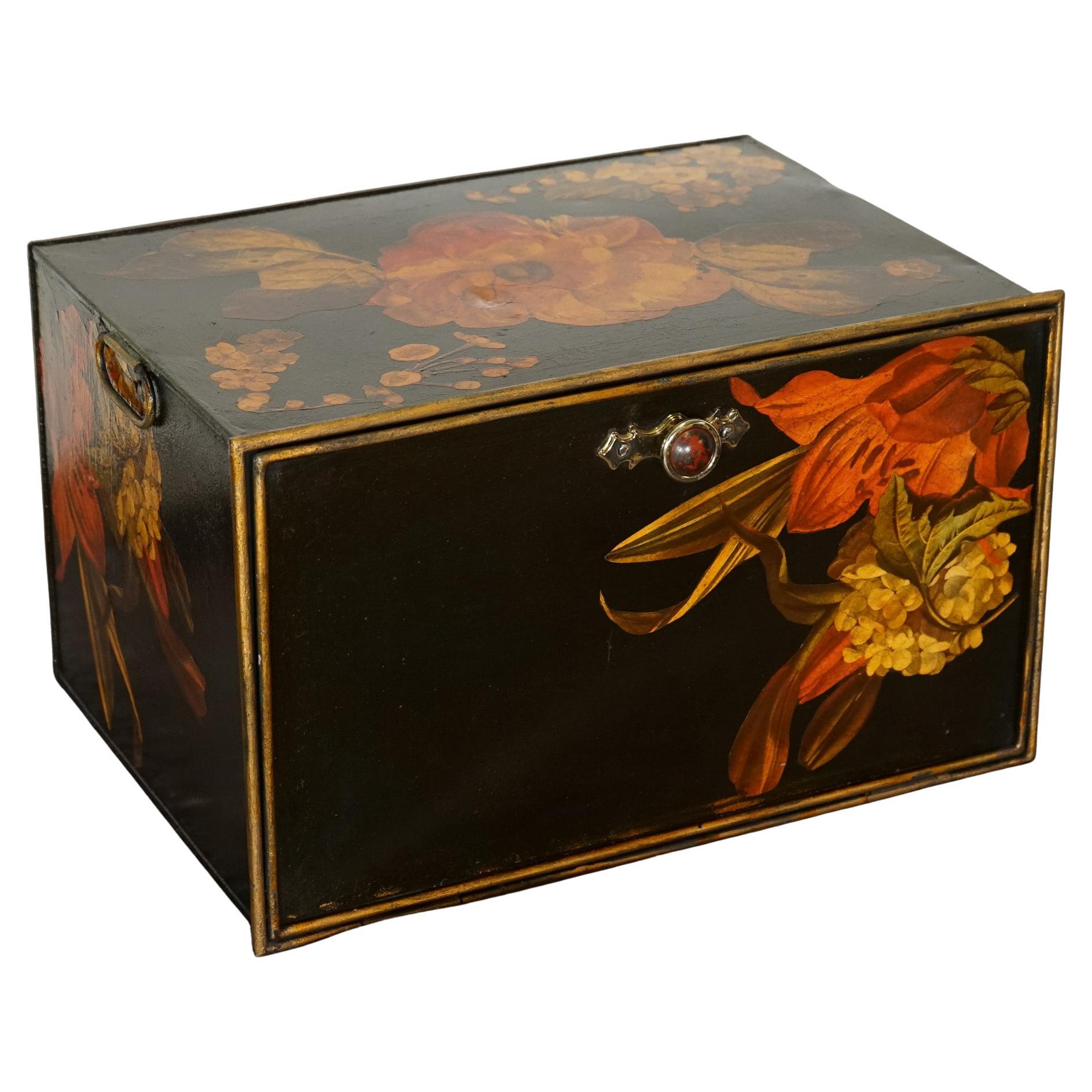 VERY DECORATIVE VINTAGE SHAW & SONS METAL FLORAL HAND PAINTED DESiGN STORAGE BOX