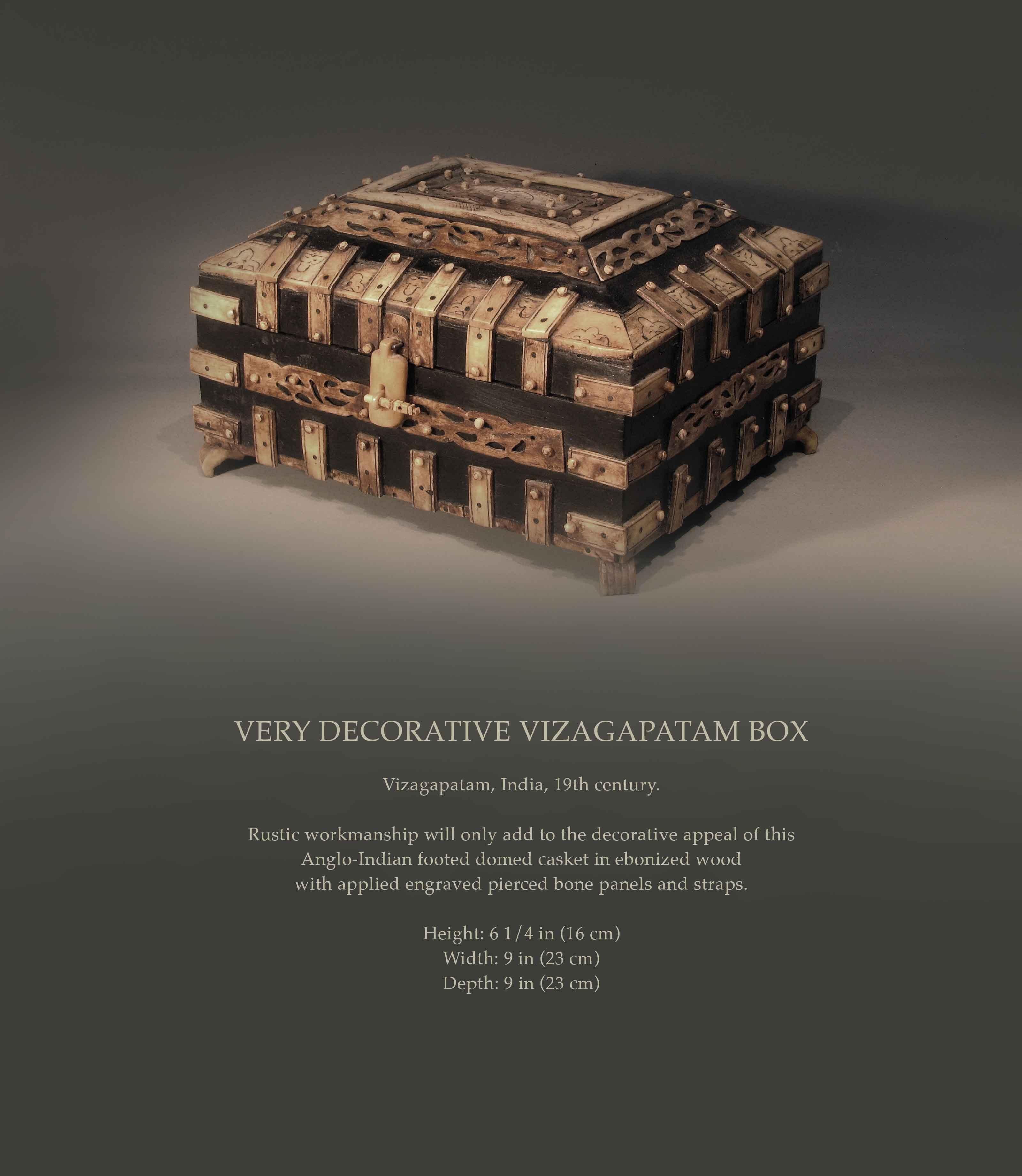 VERY DECORATIVE VIZAGAPATAM BOX

Vizagapatam, India, 19th Century.

Rustic workmanship will only add to the decorative appeal of this Anglo-Indian footed domed casket in ebonized wood with applied engraved pierced bone panels and straps.

Height: 6