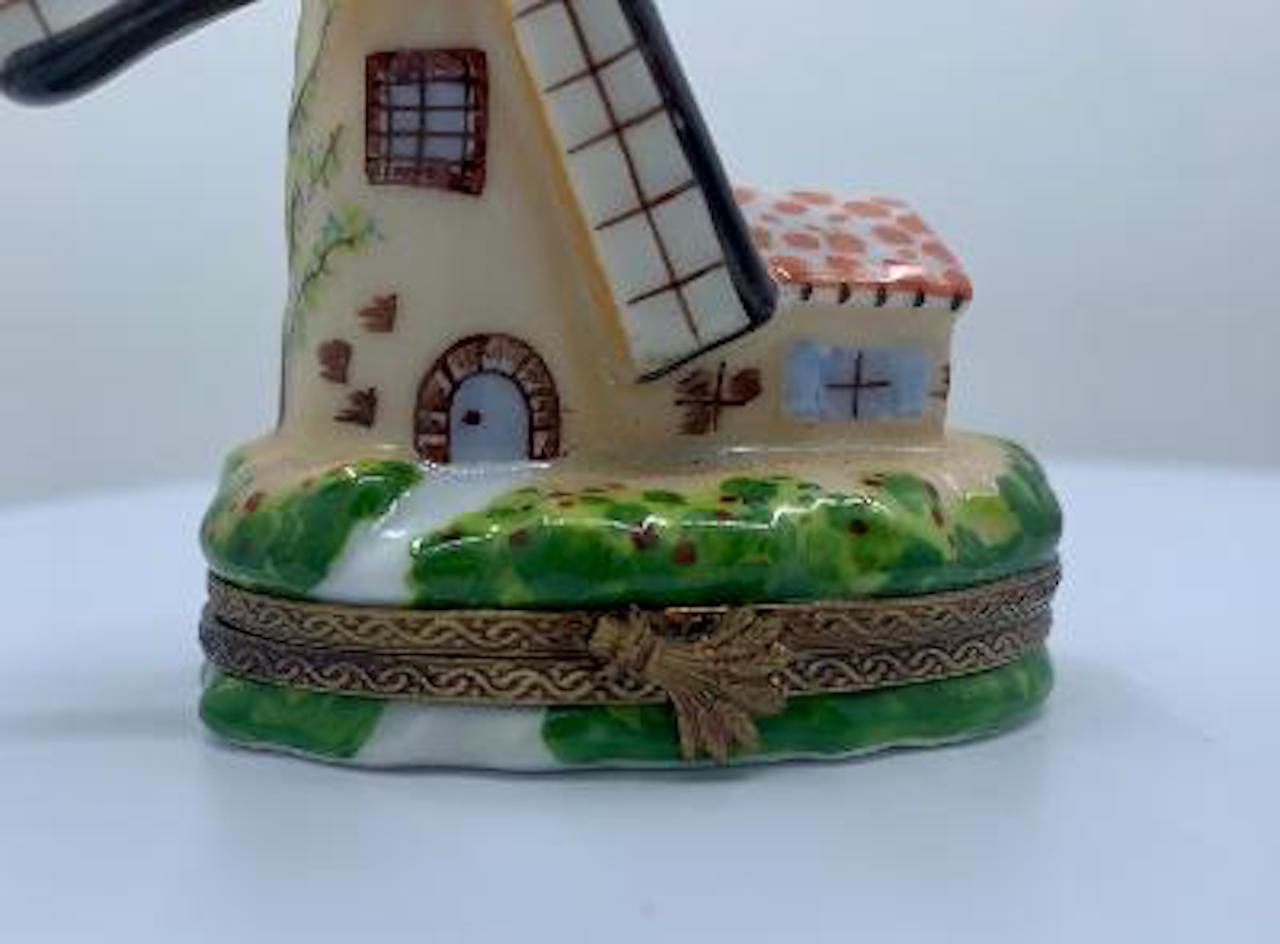 French Very Detailed Limoges France Hand Painted Dutch Windmill Porcelain Trinket Box