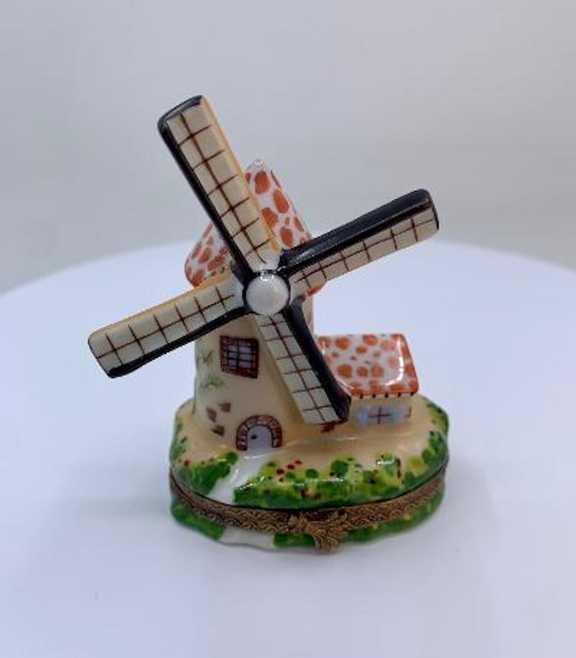 20th Century Very Detailed Limoges France Hand Painted Dutch Windmill Porcelain Trinket Box