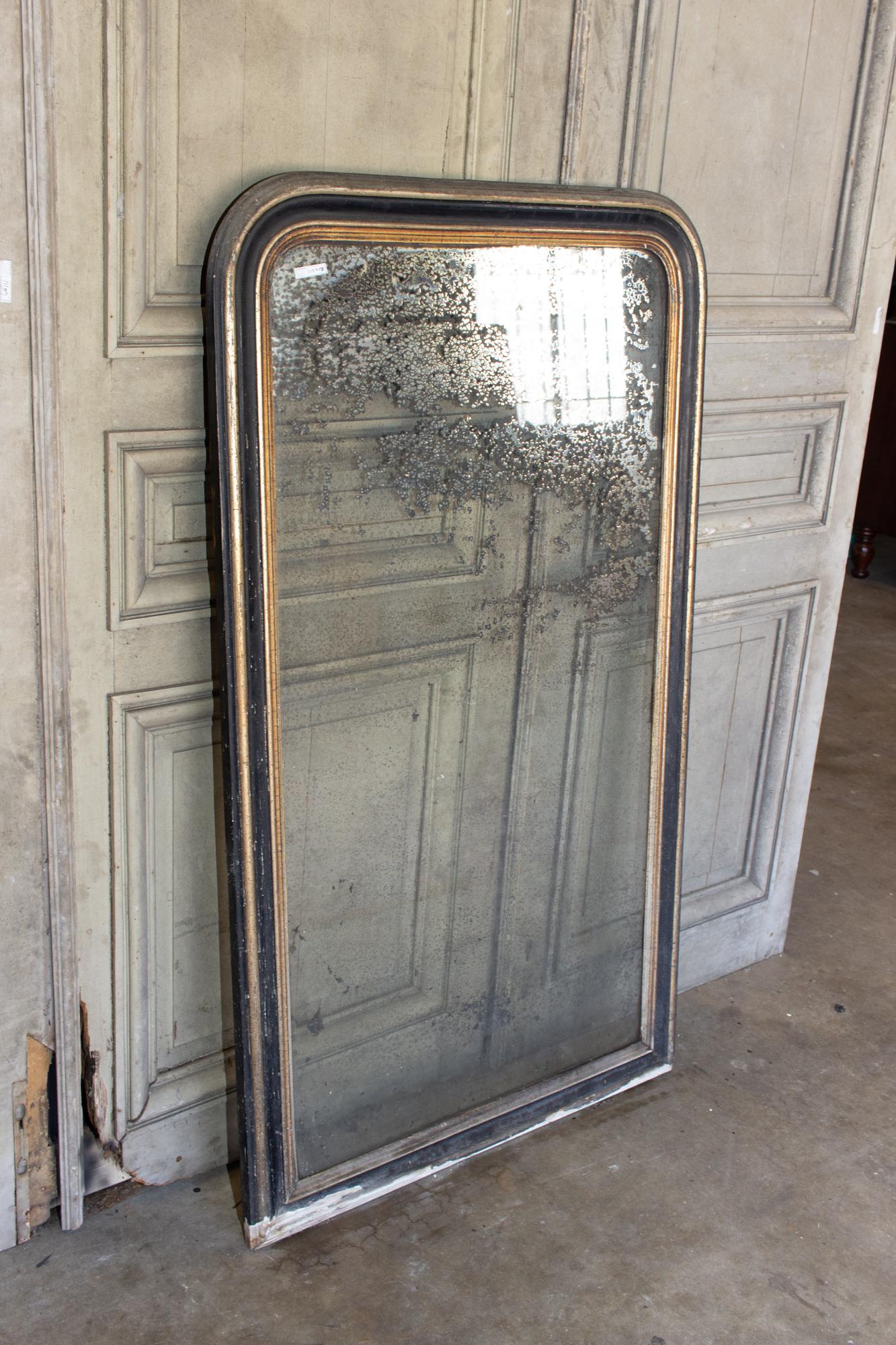 19th Century Very Distressed Antique French Louis Philippe Mirror with Black & Gilt Frame