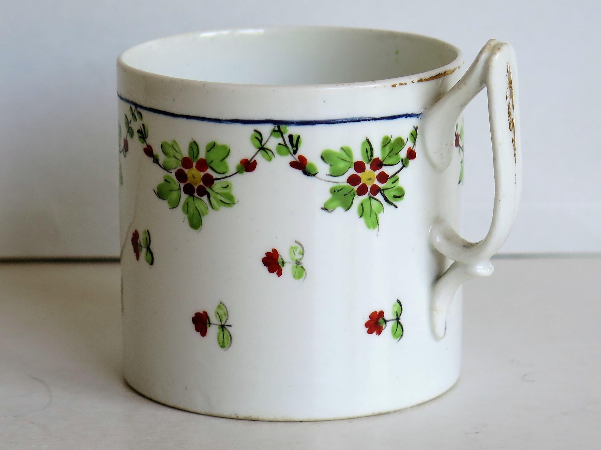 This is a very collectable, hand-painted porcelain coffee can (cup) , made by Derby Porcelain Co., England in the George III period, circa 1800.

The coffee can is straight sided and nominally 2.5 inches square excluding the handle. The handle is