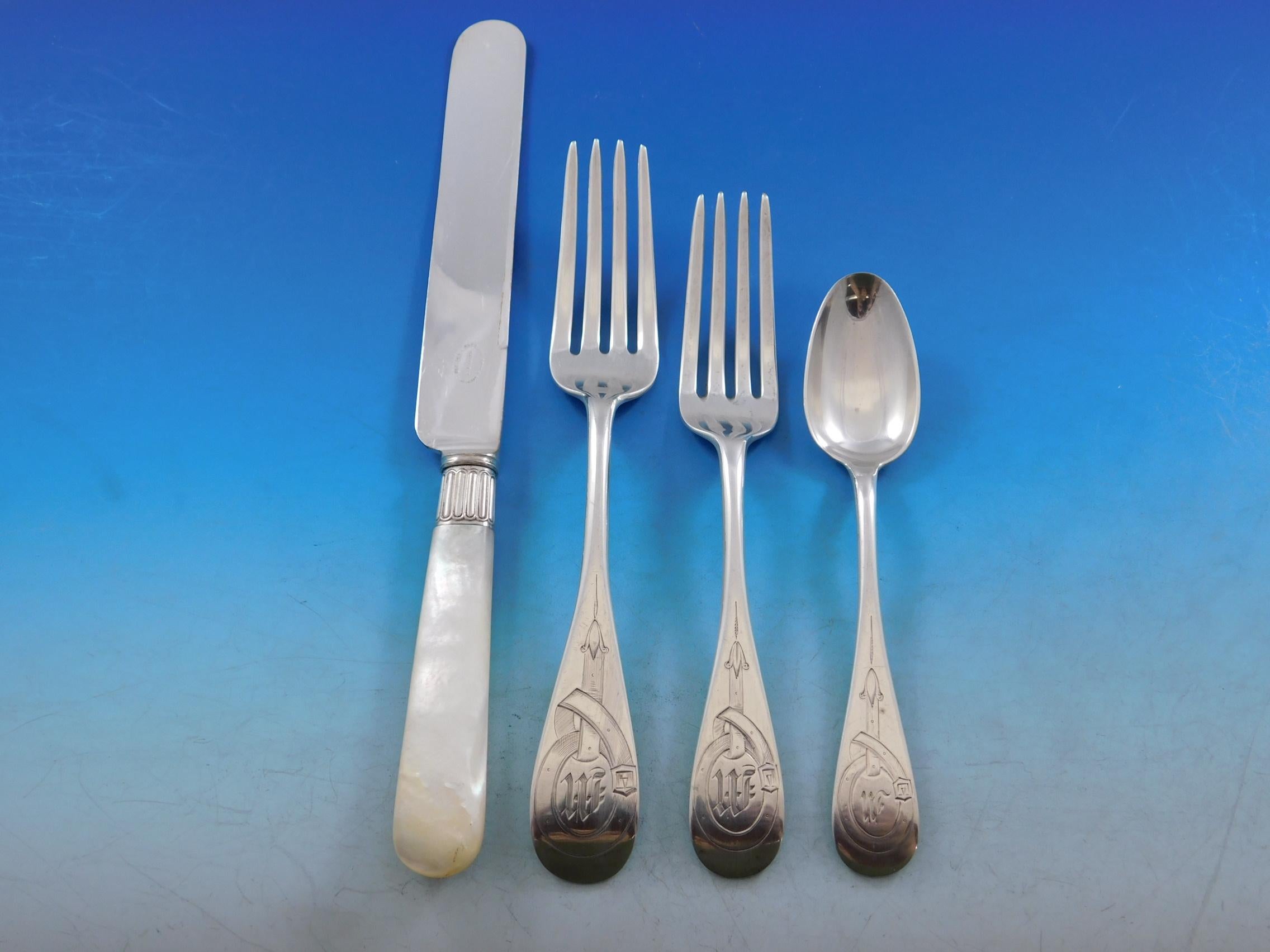 Very Early California Sterling Silver Flatware Set c1870's Race Horse Equestrian In Good Condition For Sale In Big Bend, WI