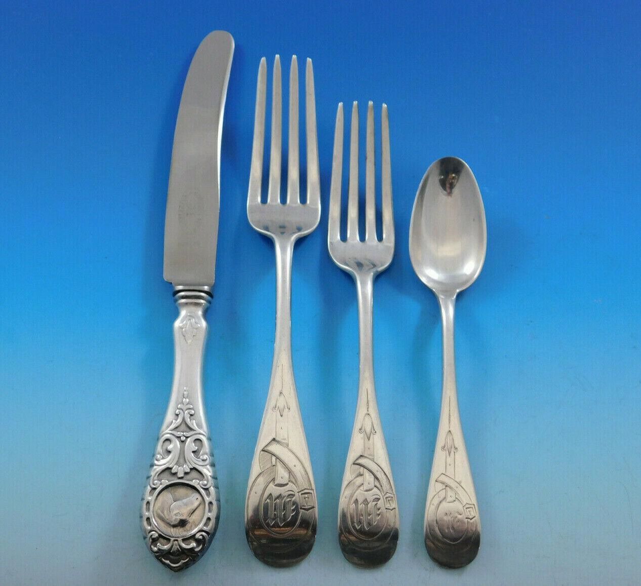 Early California Sterling Silver Flatware Set circa 1870s Race Horse Equestrian In Excellent Condition In Big Bend, WI