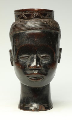 Very Early Used Carved Wood Kuba Figural Cup, Congo, Africa Sweet Face