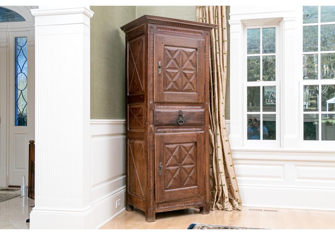 Möglicherweise 16. oder 17. Jahrhundert geschnitzt Eiche Standing Cabinet mit primitiven und rustikalen ganz über  handgeschnitzte Dekoration. Beide Türen mit Schlössern, Schlüssel und Beschlägen lassen sich öffnen und geben den Blick frei auf ein
