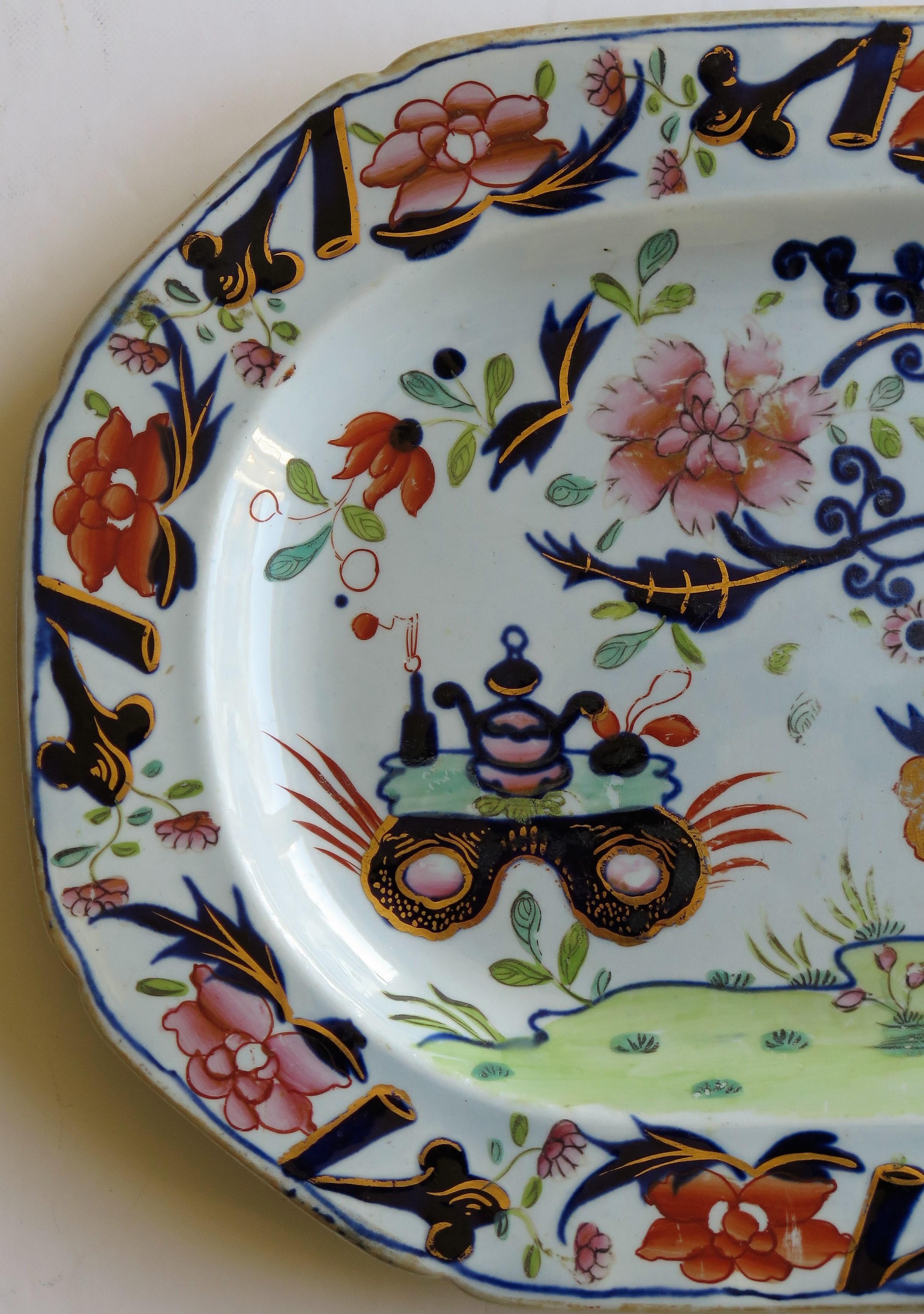 Very Early Mason's Ironstone Platter Small Vase Flowers and Rock Ptn, circa 1815 4