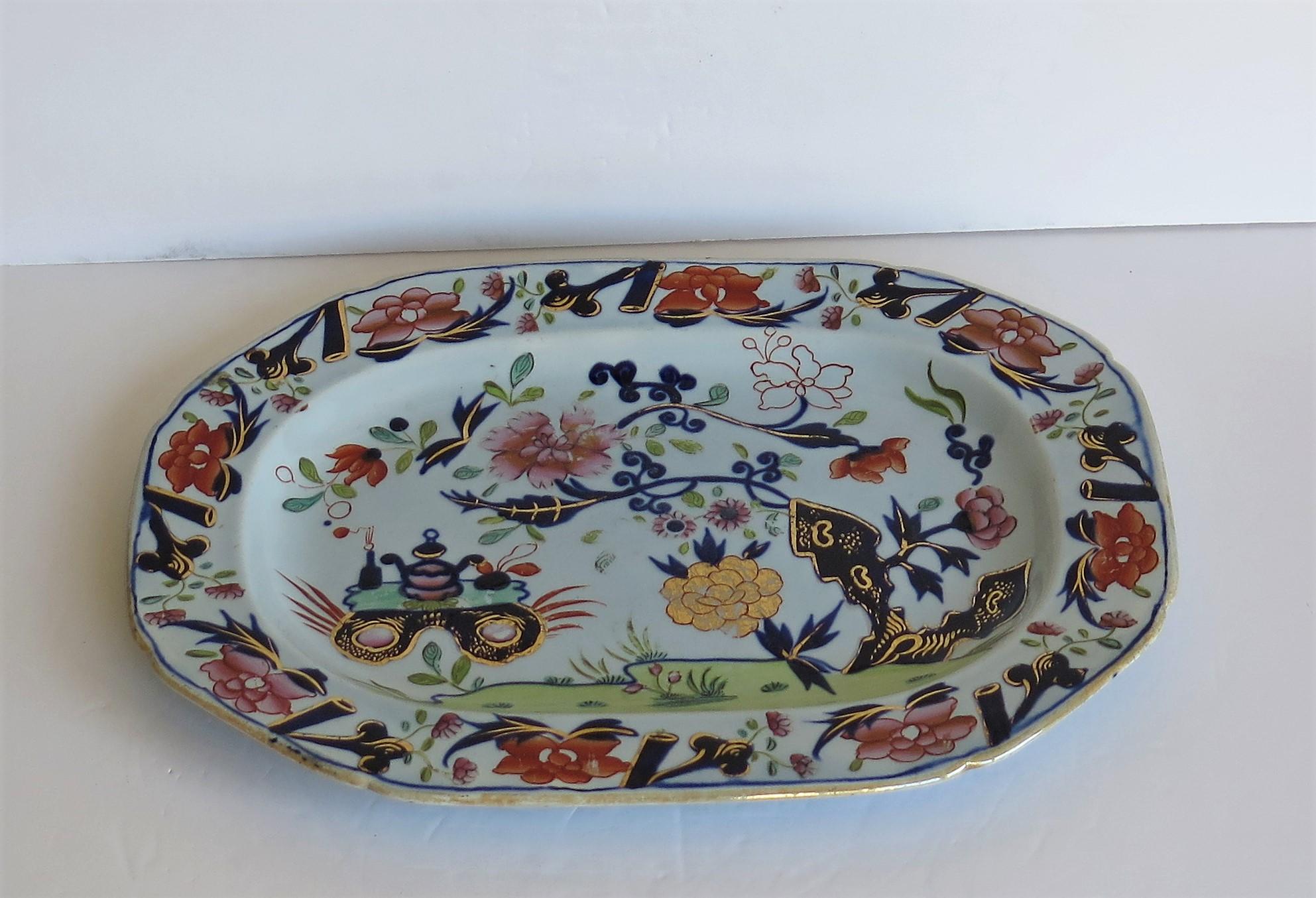 Chinoiserie Very Early Mason's Ironstone Platter Small Vase Flowers and Rock Ptn, circa 1815