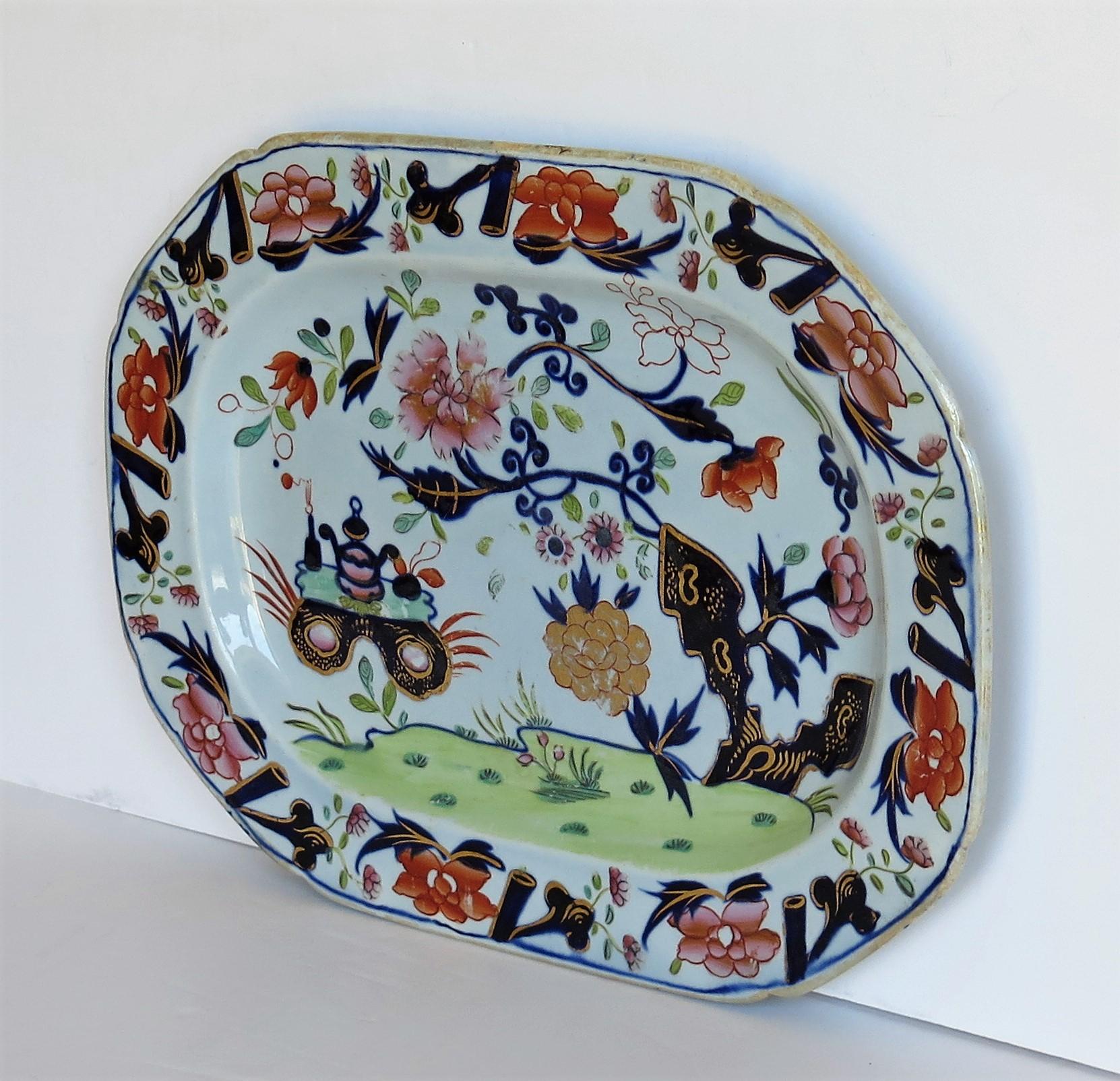 English Very Early Mason's Ironstone Platter Small Vase Flowers and Rock Ptn, circa 1815