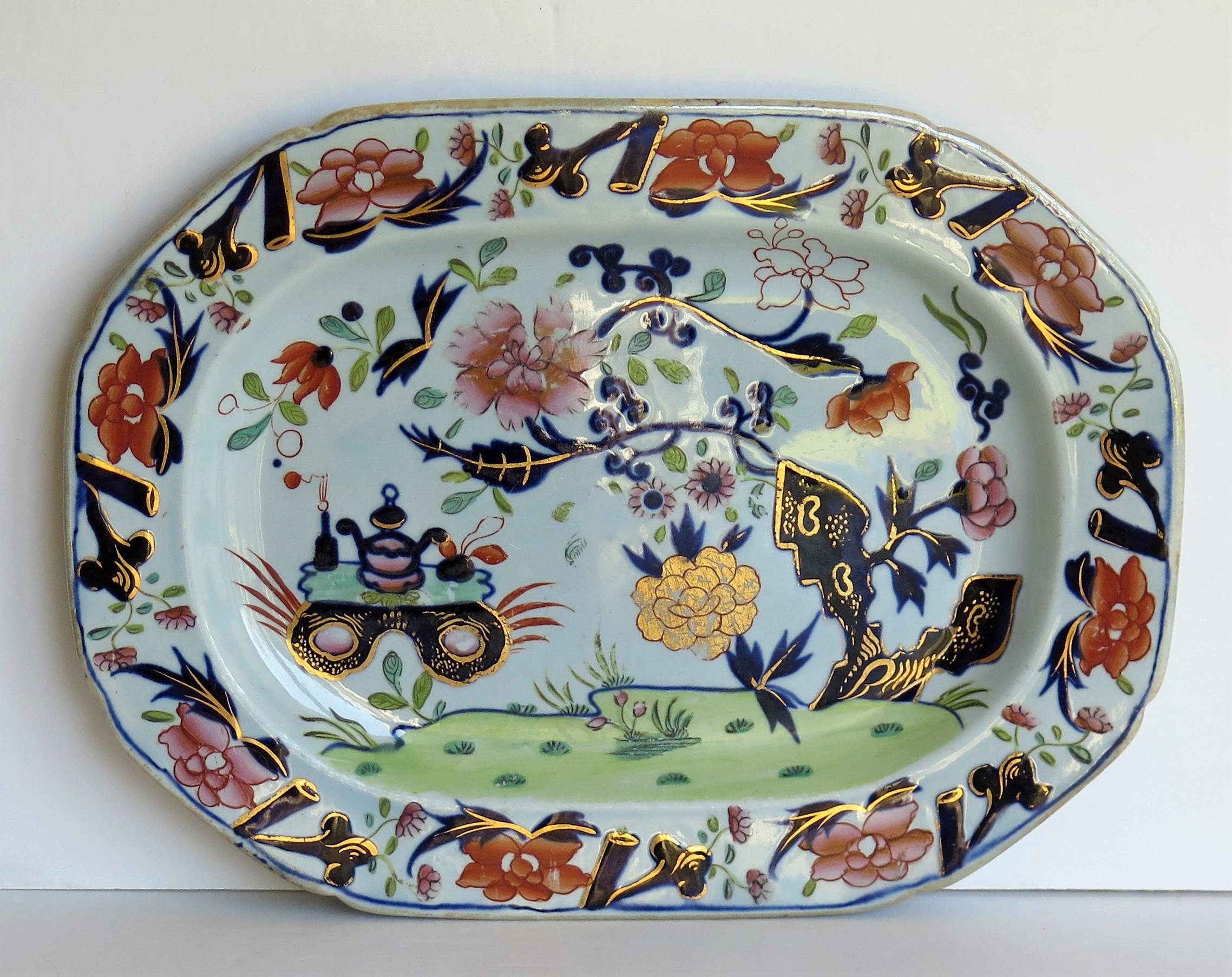 19th Century Very Early Mason's Ironstone Platter Small Vase Flowers and Rock Ptn, circa 1815