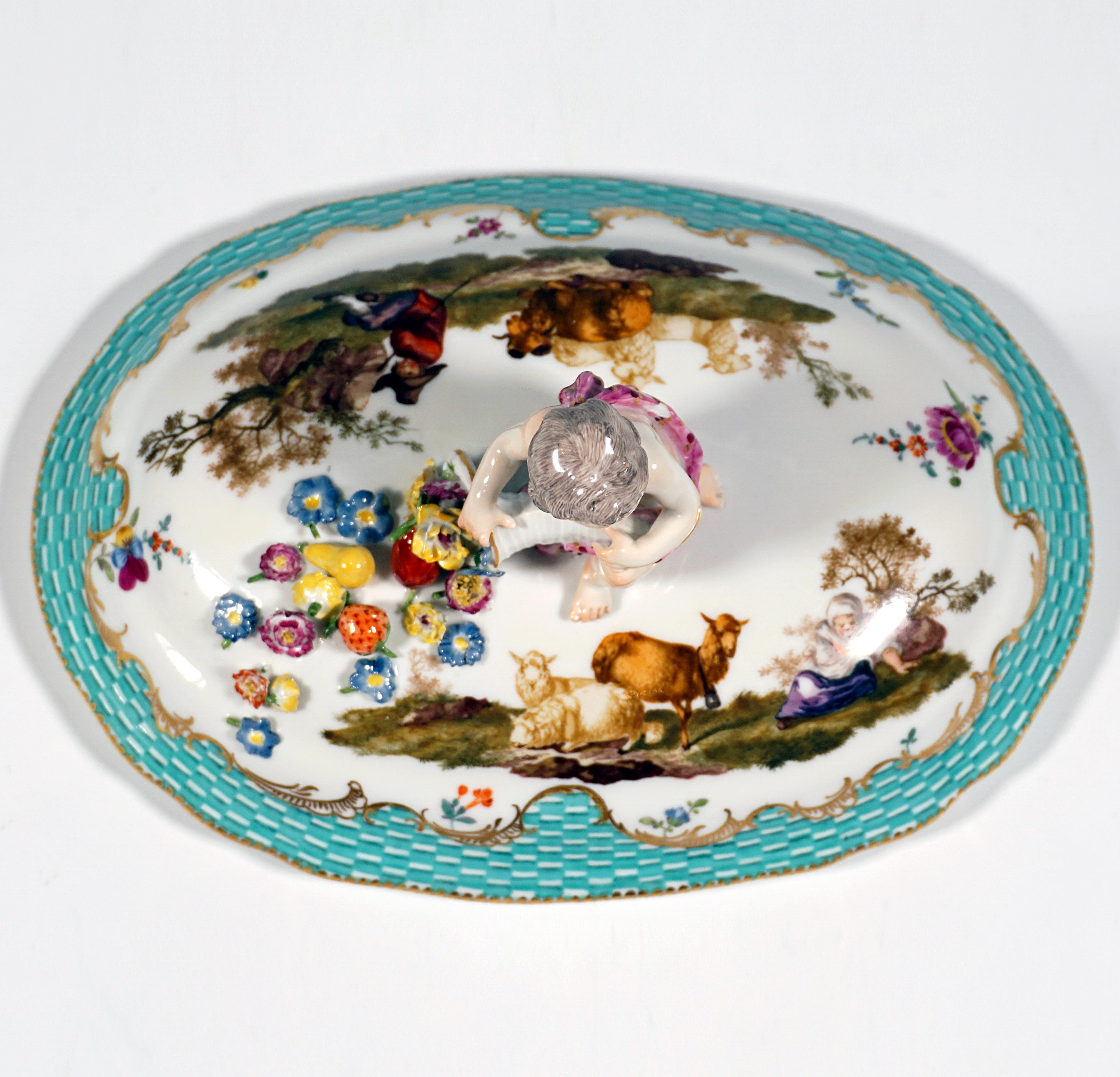 Sopera con tapa muy antigua de Meissen con cornucopia putto sobre presentoir, 1763-1773 siglo XVIII en venta