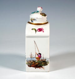 Très ancienne boîte à thé Meissen avec scènes de navires marchands et bouton en forme de bourgeon, 1763-1774