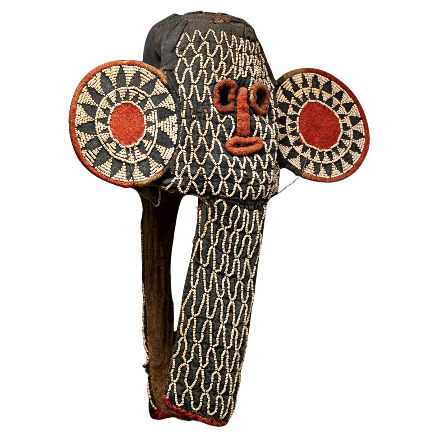 Bamileke Kuosi Elephant masks comprise cloth panels and hoods woven from plantain fiber over raffia. On this background glass beads are stitched in geometric patterns. The basic form depicts salient features of the elephant—a long trunk and large