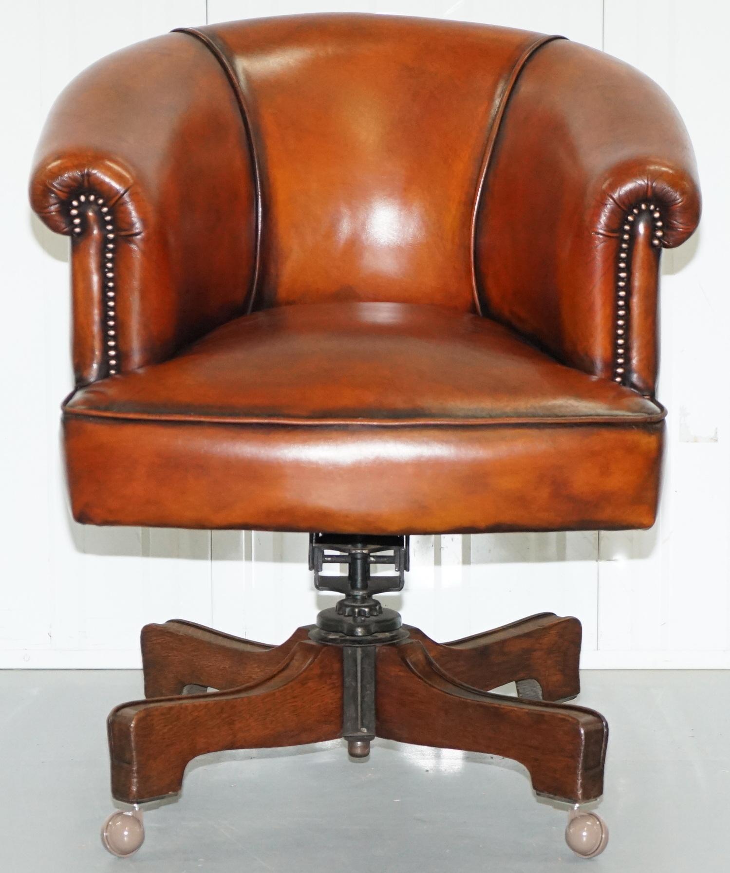 We are delighted to offer for sale this lovely fully restored early Victorian captains chair with over-engineered base 

This piece has been fully restored to include having the leather stripped back then hand dyed this stunning whisky brown, the