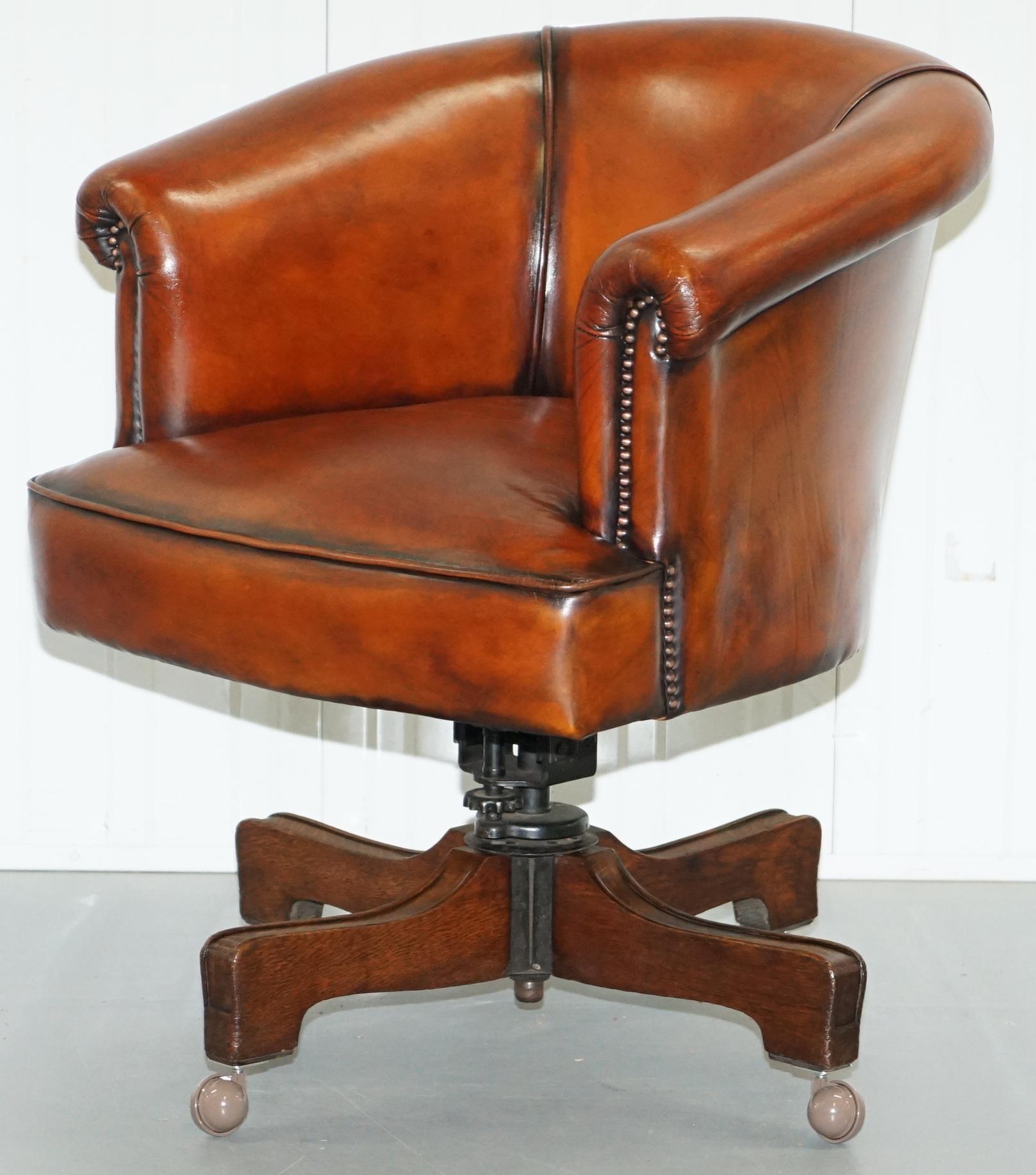 English Very Early Rare Victorian Captains Chair Fully Restored Hand Dyed Brown Leather